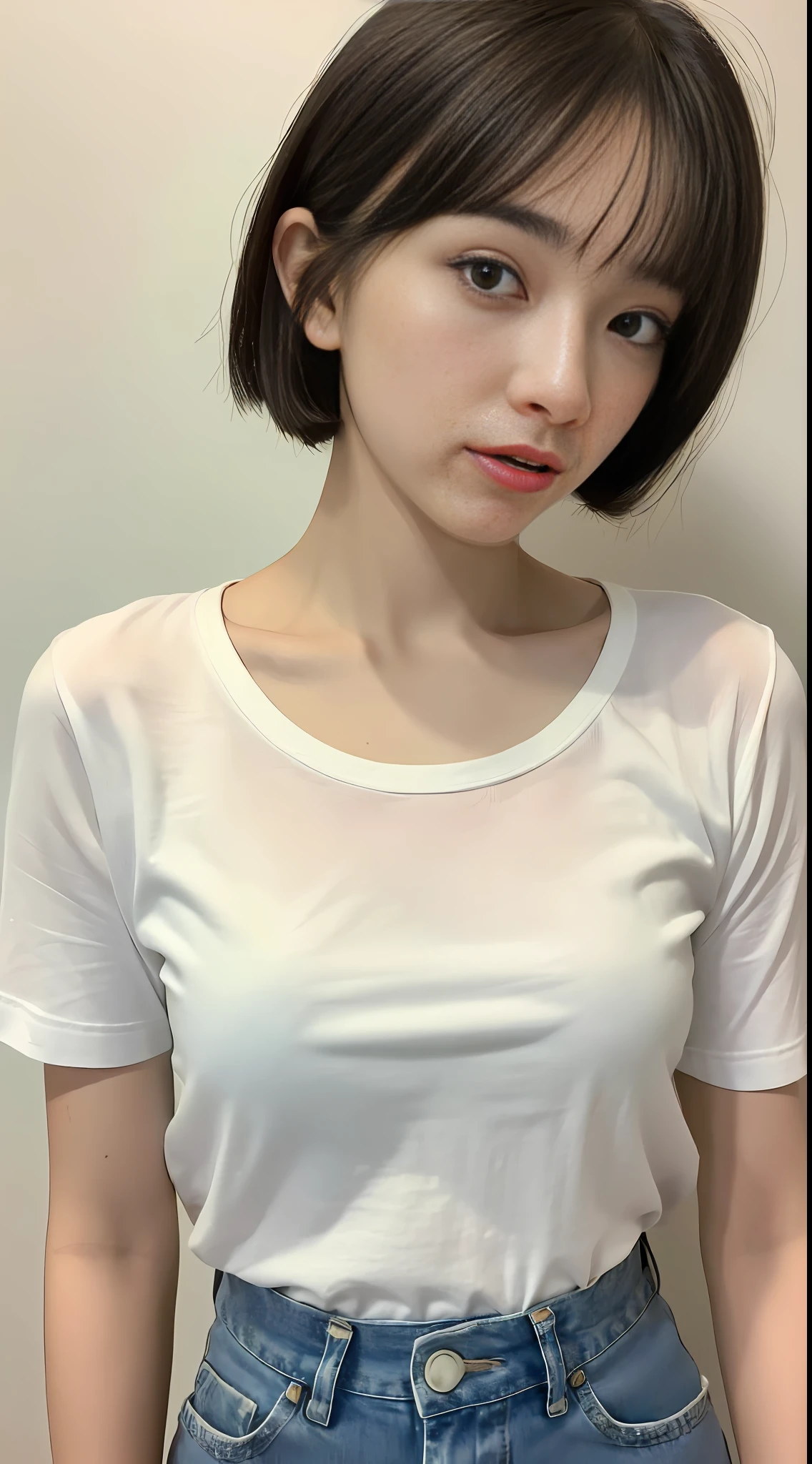 ((Best Quality, 8K, Masterpiece:1.3)), Focus:1.2, Perfect Body Beauty:1.4, ((Maruko Hairstyle)), White Tight T-shirt, Medium Chest, Blue Denim Shorts, Full Body, Highly Detailed Face and Skin Texture, Delicate Eyes, Double Eyelids, Whitened Skin, High Quality Details