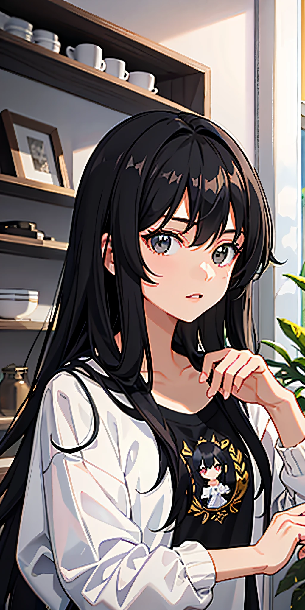 Black-haired 19-year-old girl in a sweatshirt, masterpiece-level picture is detailed, exquisite and eye-catching, and the background is empty