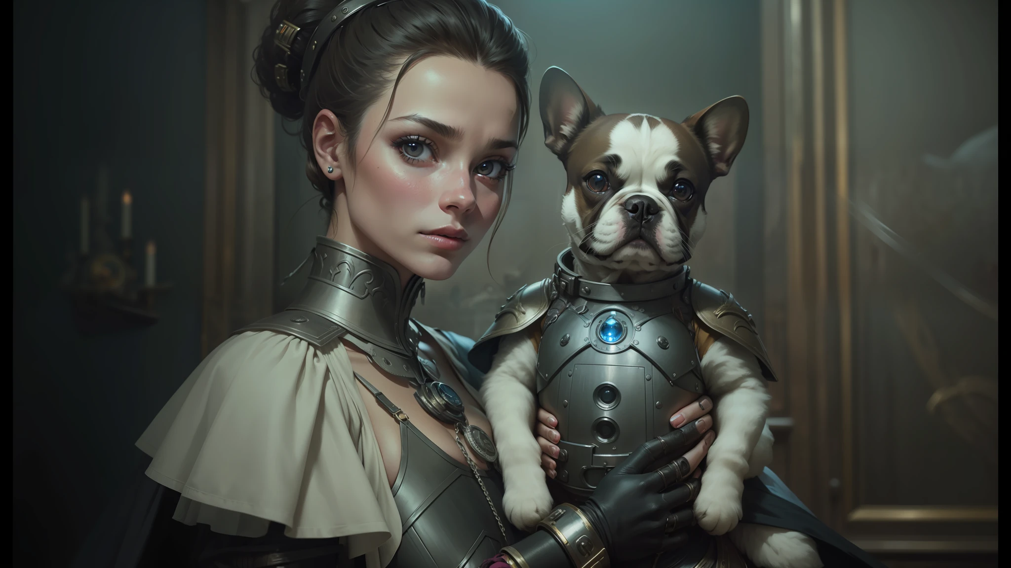 arafed woman in a costume holding a dog in a room, cyborg fashion model, pexels contest winner, historical armor, restored colors, tomasz strzalkowski, portrait of barbara palvin, masculine and strong, cyber embellishment, young lady cyborg, droids, french bulldog, 1 7 th century duchess, by Whitney Darrow, adornment --auto --s2