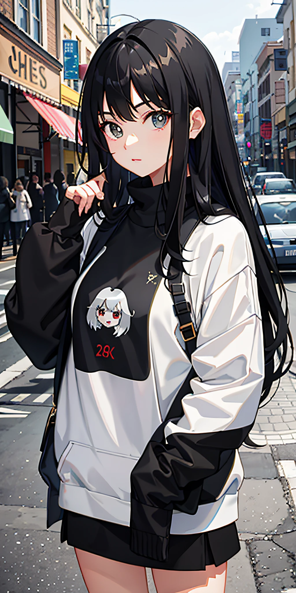 Black-haired 19-year-old girl in a sweatshirt, masterpiece-level picture is detailed, exquisite and eye-catching, and the background is empty