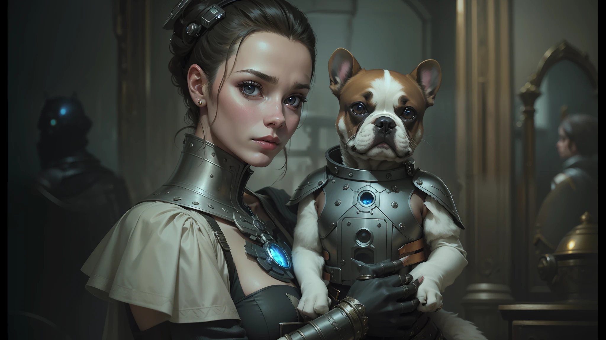 arafed woman in a costume holding a dog in a room, cyborg fashion model, pexels contest winner, historical armor, restored colors, tomasz strzalkowski, portrait of barbara palvin, masculine and strong, cyber embellishment, young lady cyborg, droids, french bulldog, 1 7 th century duchess, by Whitney Darrow, adornment --auto --s2