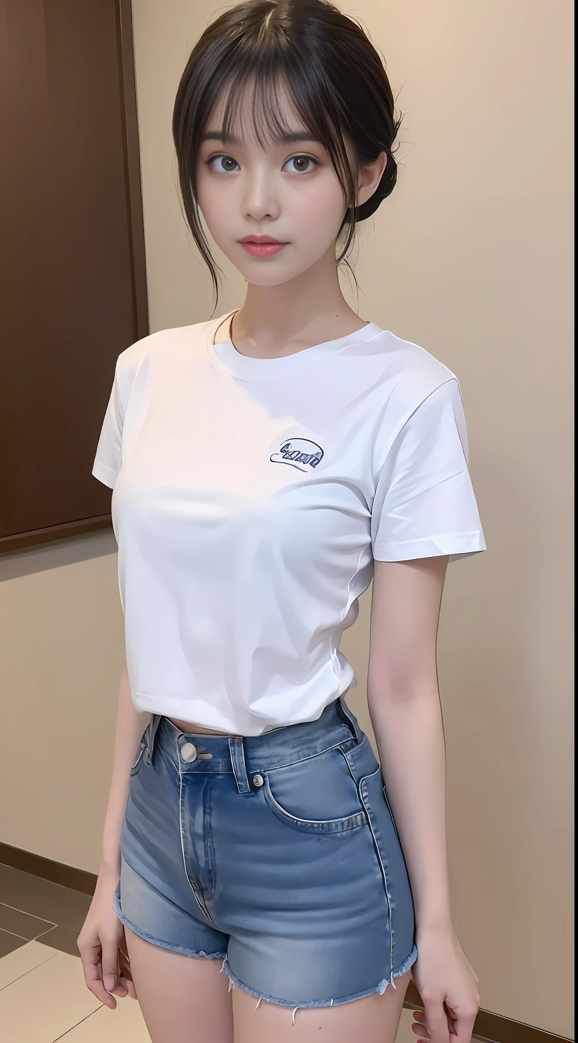 ((Best Quality, 8K, Masterpiece:1.3)), Focus:1.2, Perfect Body Beauty:1.4, ((Maruko Hairstyle)), White Tight T-shirt, Medium Chest, Blue Denim Shorts, Full Body, Highly Detailed Face and Skin Texture, Delicate Eyes, Double Eyelids, Whitened Skin, High Quality Details