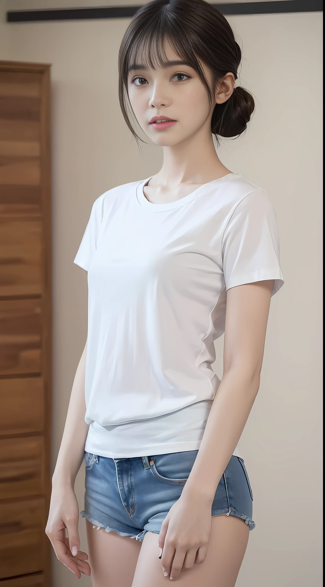 ((Best Quality, 8K, Masterpiece:1.3)), Focus:1.2, Perfect Body Beauty:1.4, ((Maruko Hairstyle)), White Tight T-shirt, Medium Chest, Blue Denim Shorts, Full Body, Highly Detailed Face and Skin Texture, Delicate Eyes, Double Eyelids, Whitened Skin, High Quality Details