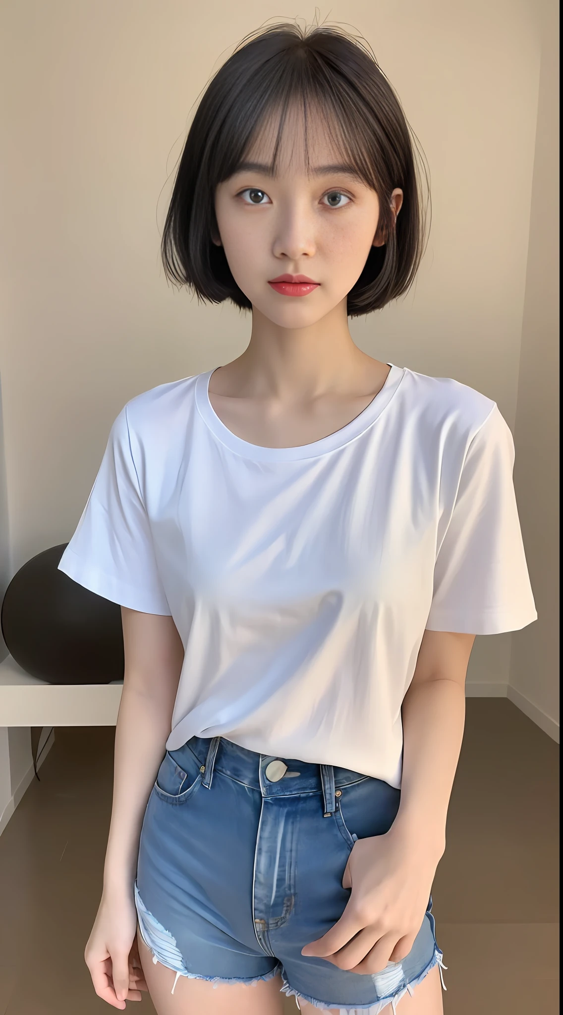 ((Best Quality, 8K, Masterpiece:1.3)), Focus:1.2, Perfect Body Beauty:1.4, ((Maruko Hairstyle)), White Tight T-shirt, Medium Chest, Blue Denim Shorts, Full Body, Highly Detailed Face and Skin Texture, Delicate Eyes, Double Eyelids, Whitened Skin, High Quality Details