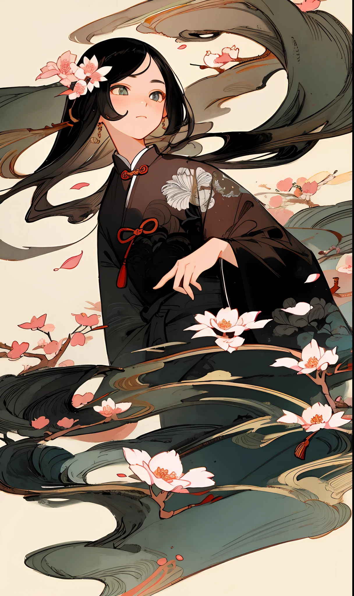 masterpiece, high quality, highly detailed, (rim lighting, spot lighting:0.75), ((good anatomy)), 1girl, (finely detailed face and beautiful eyes), oriental, solo, close up, blossomed flower, innocent eyes expressions, black hair, traditional Chinese ink painting, advanced color scheme, rich background, illustration, petals, Chinese style,
