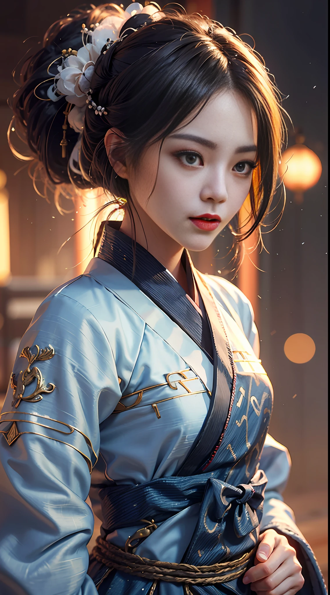(Fidelity: 1.4), ((Black Hanfu)), Big Sleeves, Small Rings, Kan Tashi, Mole Under Eyes, Denim Lens, Bokeh, Perspective Shortening, Negative Space, Chiaroscuro, Depth of Field, Ray Tracing, Masterpiece, Anatomically Correct, Textured Skin, Best Quality, 8K, Ultra HD, Ccurate