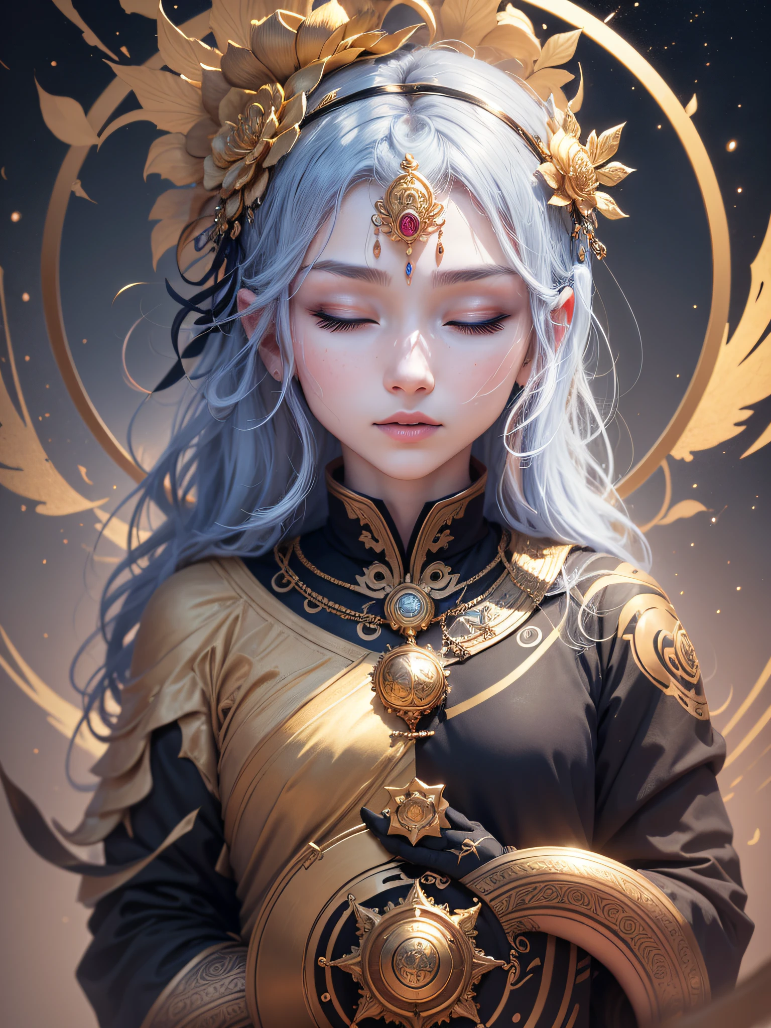 Bodhisattva of the Void, (Gold: 1.2), smooth upper body, long-sleeved cassock, ray tracing, (metal texture: 1.1), colorful clouds on the background, (Best quality: 1.0), (Ultra High Definition: 1.0), 8k, (Masterpiece: 0.2), (Half-closed eyes: 1.2), Innocent, No exposure, --auto --s2