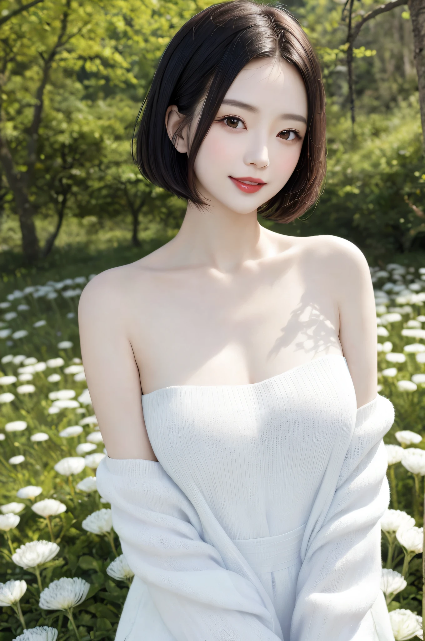 A japanese woman stands in a park where white clover blooms all around, a forest can be seen in the background, exquisite and beautiful face, exquisite collarbone, seductive and delicate collarbone, charming A japanese woman stands in a park where white clover blooms all around, a forest can be seen in the background, exquisite and beautiful face, exquisite collarbone, seductive and delicate collarbone, charming fragrant shoulders, shoulders slightly exposed,  open-shoulder long sweater,sky blue sweater, pretty face, peach Red lips, tender and smooth skin,(white skin:1.6),black hair,(bob hair:1.2), short hair,(smile:1.2),smile with teeth, white teeth,very realistic details,  ultra-high resolution,bokeh,outstanding details, 8K, pigeon chest, full body