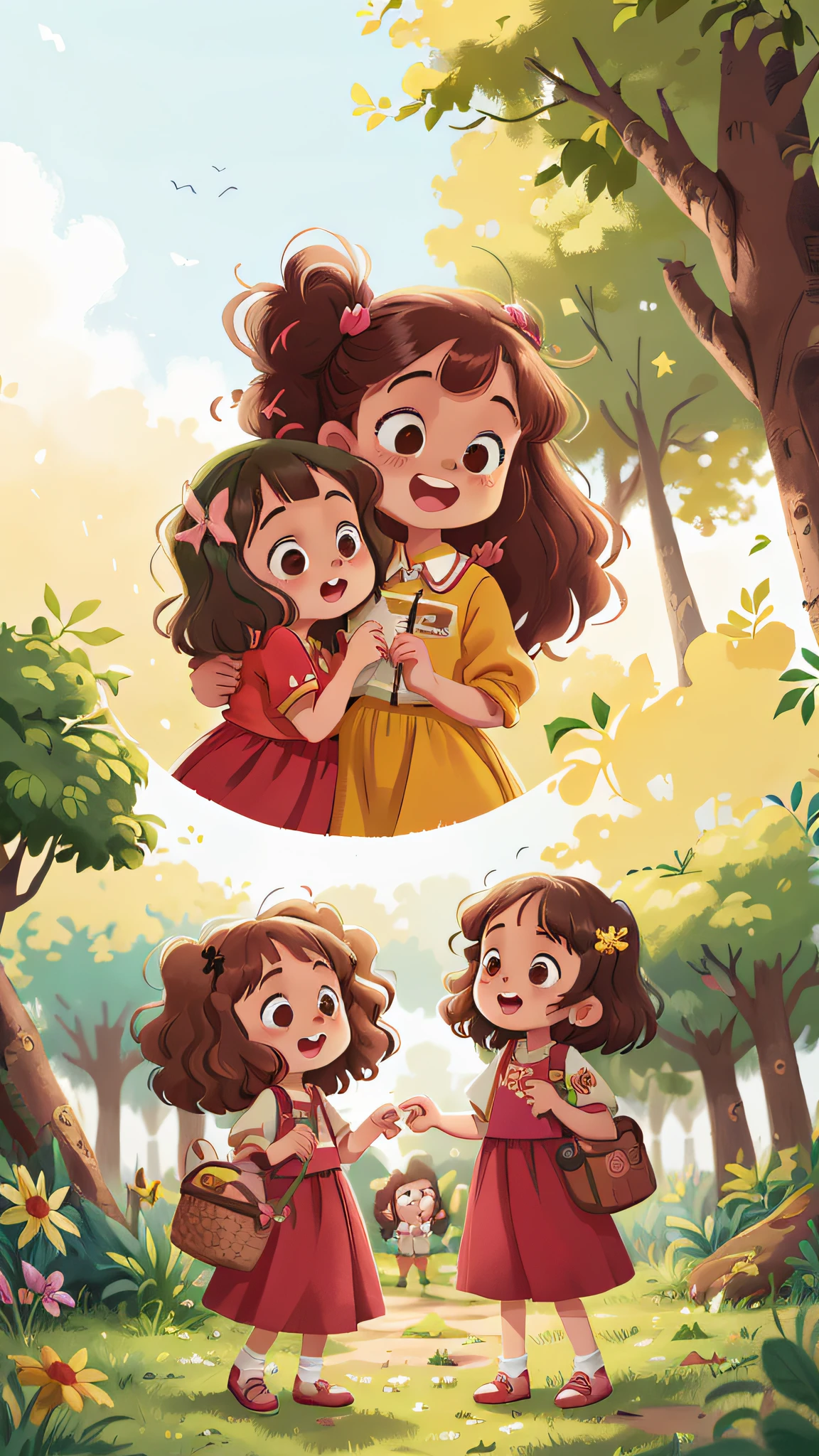 Two girls, twins, curly brown hair, in the park having fun