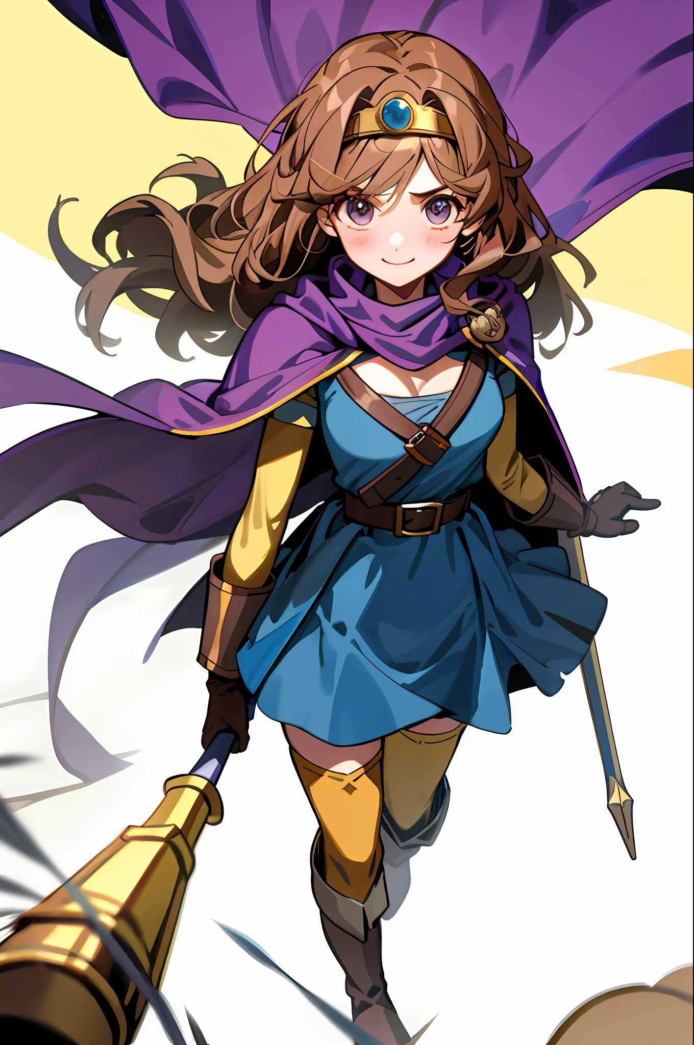 masterpiece, look at viewer, 1girl, standing, solo, face focus, from bellow, walking,
Hermione Granger, long hair,
roto (dq3),circlet, flat breasts, cleavage, strapless, blue dress, purple cape, thighhighs, gloves, boots, belt, scabbard,, knee boots, mini skirt,
in the school,embarrassed, smile,