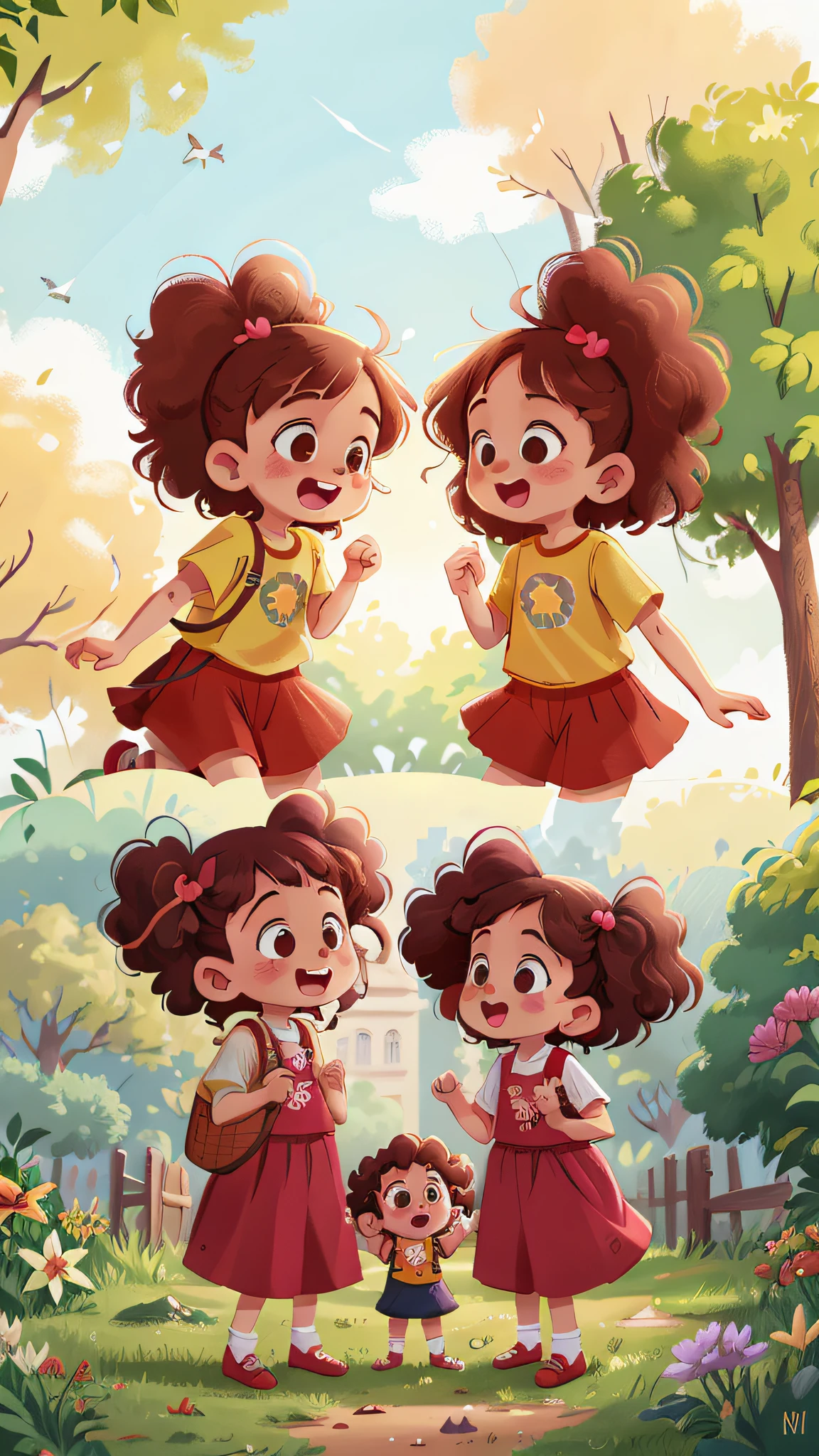 Two girls, twins, curly brown hair, in the park having fun