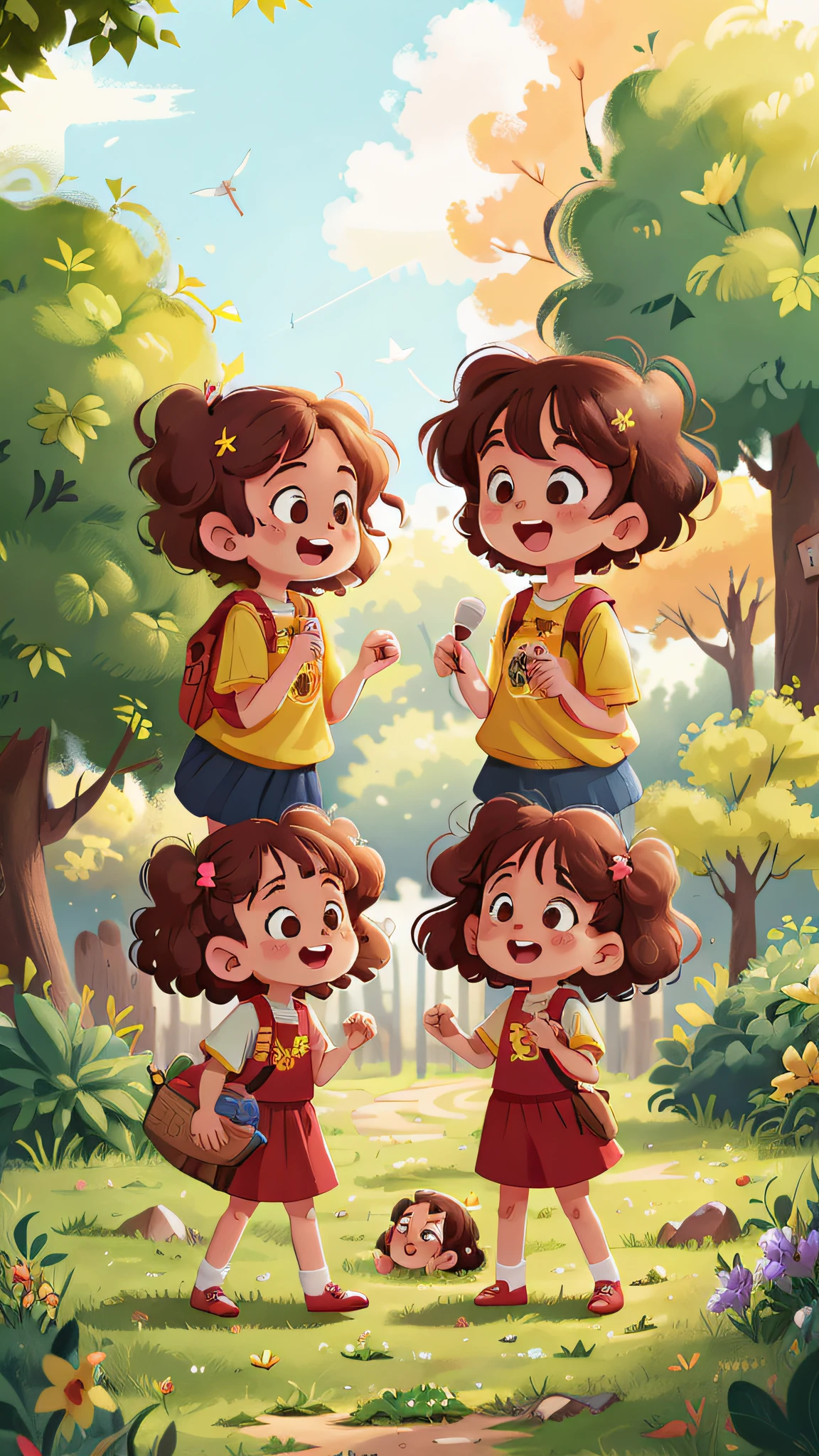 Two girls, twins, curly brown hair, in the park having fun