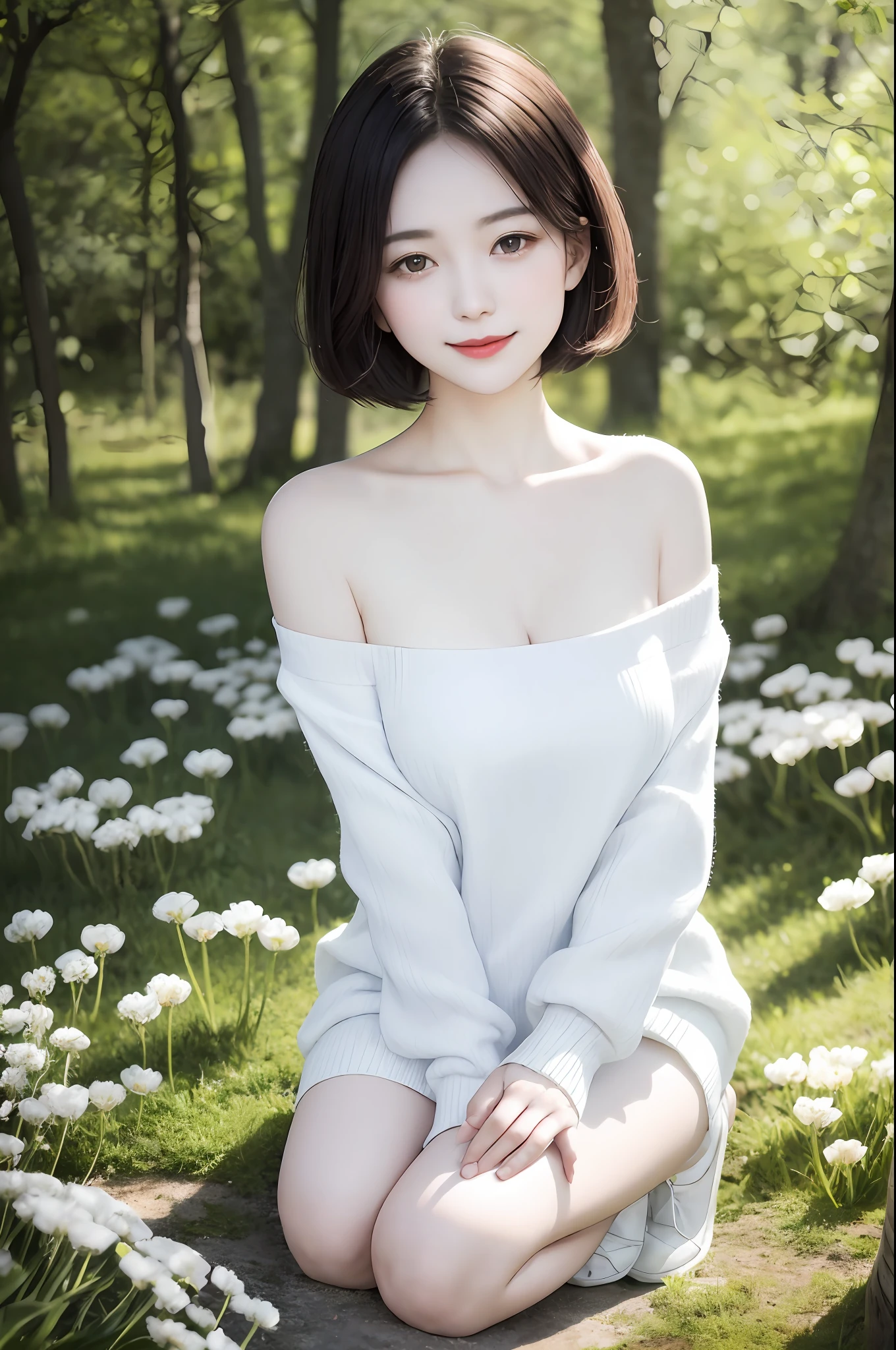 A japanese woman stands in a park where white clover blooms all around, a forest can be seen in the background, exquisite and beautiful face, exquisite collarbone, seductive and delicate collarbone, charming A japanese woman stands in a park where white clover blooms all around, a forest can be seen in the background, exquisite and beautiful face, exquisite collarbone, seductive and delicate collarbone, charming fragrant shoulders, shoulders slightly exposed,  open-shoulder long sweater,sky blue sweater, pretty face, peach Red lips, tender and smooth skin,(white skin:1.6),black hair,(bob hair:1.2), short hair,(smile:1.2),smile with teeth, white teeth,very realistic details,  ultra-high resolution,bokeh,outstanding details, 8K, pigeon chest, full body