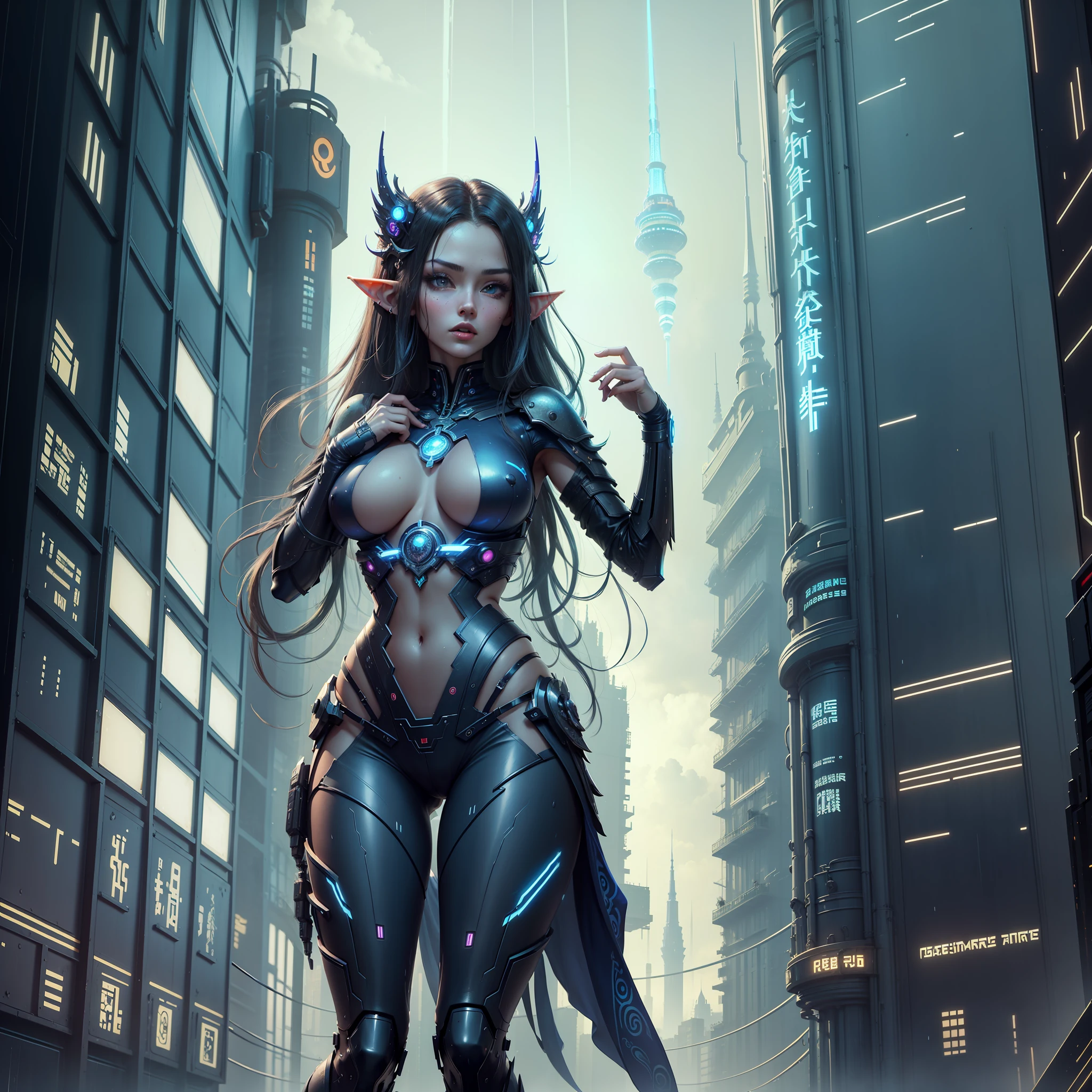 Masterpiece, Hermaphroditic, Female, Elf, Future, Tall Building, Big Breast, Thin Waist, Long Legs, Beautiful, Dark Blue, Chinese Beauty, Cyberpunk, Rainy Day, Nudity --auto --s2