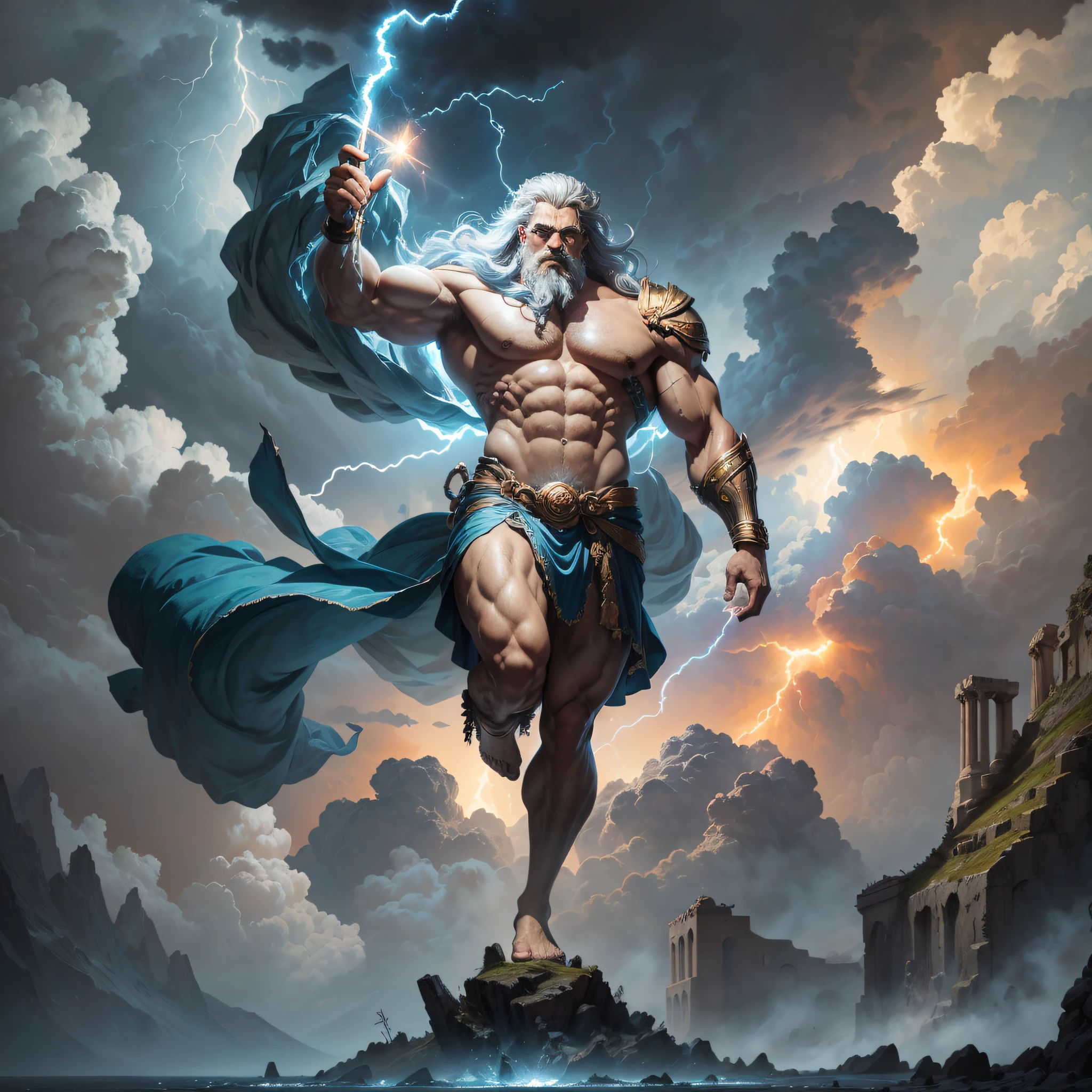 "painting style (Greek mythology), old-looking and muscular Zeus floating across the sky holding a lightning bolt with one arm raised. Black storm clouds in the background in open plan. Detailed and realistic painting technique, strong and expressive brushstrokes (brush + texture:1.4), dramatic lighting (highlighted brightness:1.3), dense clouds (nebula:1.3) and dramatic sky in the color palette (reddish sky:1.2).  "