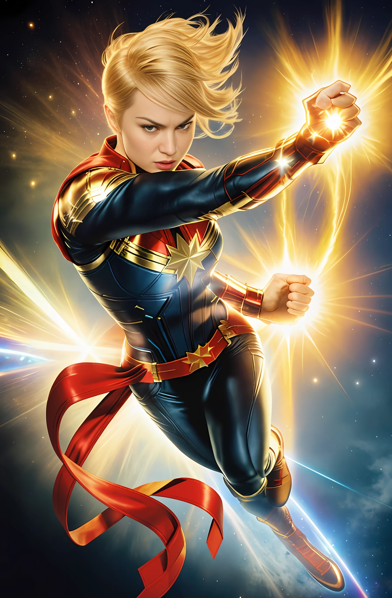 4K, Captain Marvel, muscular body, short hair, leather suit, angry expression.