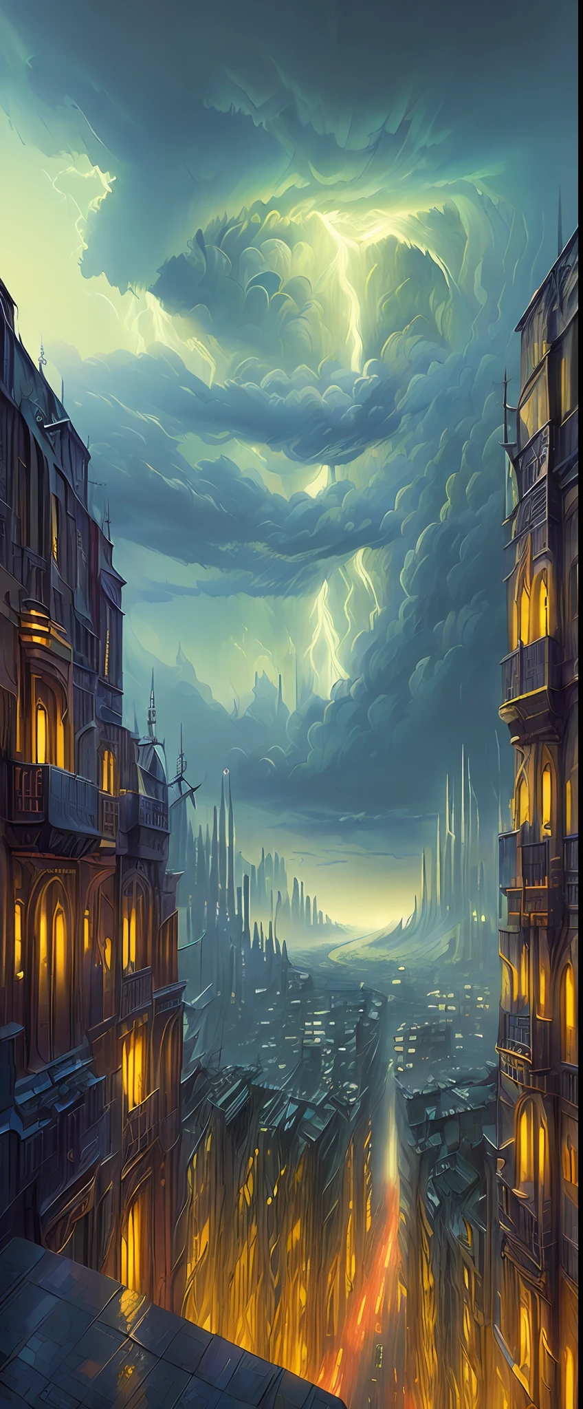 (((((Masterpiece))))), High Quality, Futuristic Landscape, Terraced Buildings, Science Fiction, Drone, Cityscape seen from below, Mysterious cool atmosphere, Thunder, Night, Dark atmosphere