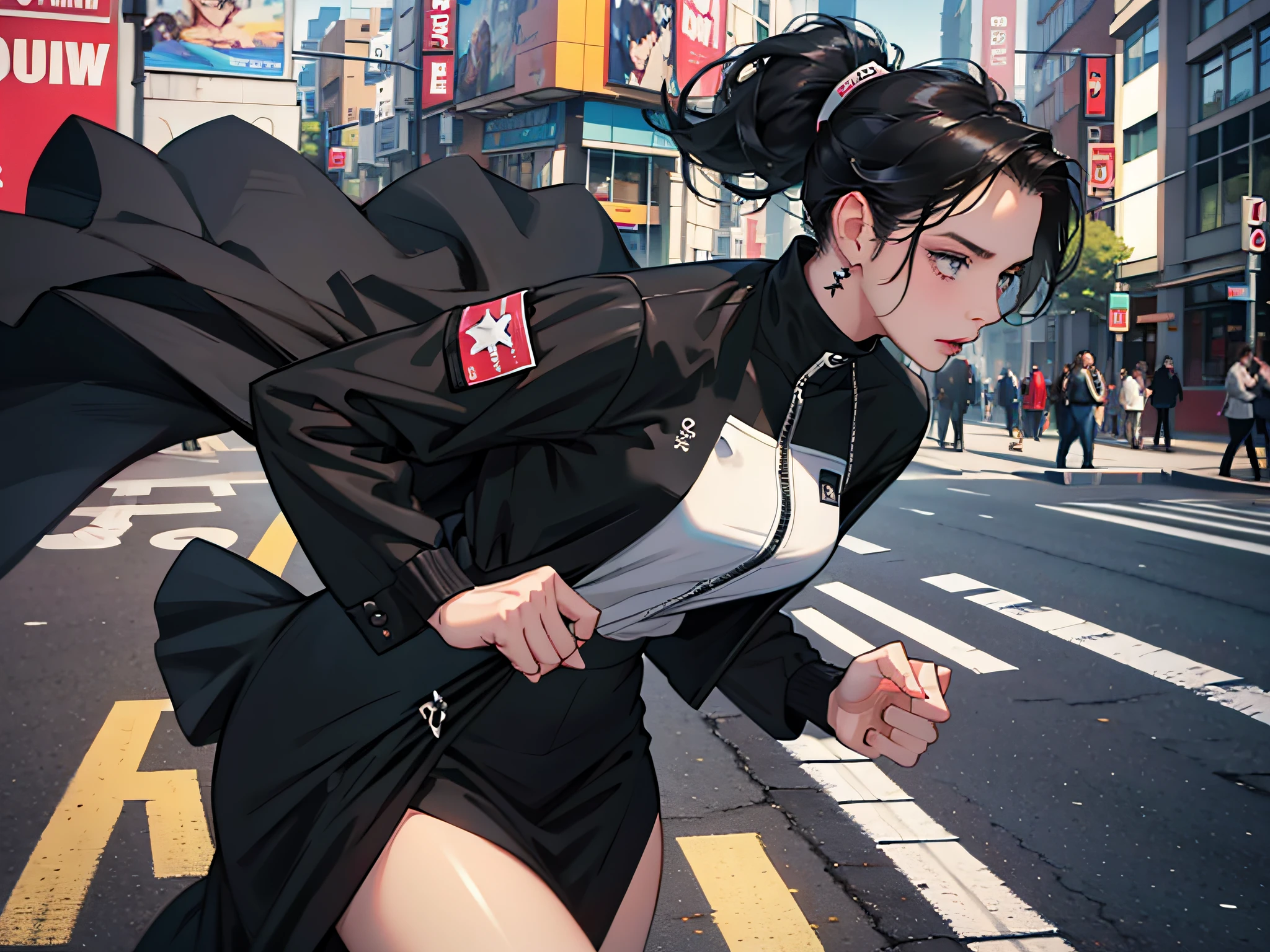 Young woman 30 years old: 1.3, Long black hair: 1.2, High ponytail: 1.2, Occupation: 1.2, Daytime: 1.2, On the street: 1.2, Film lighting, Surrealism, UHD, ccurate, Super detail, textured skin, High detail, Best quality, 8k