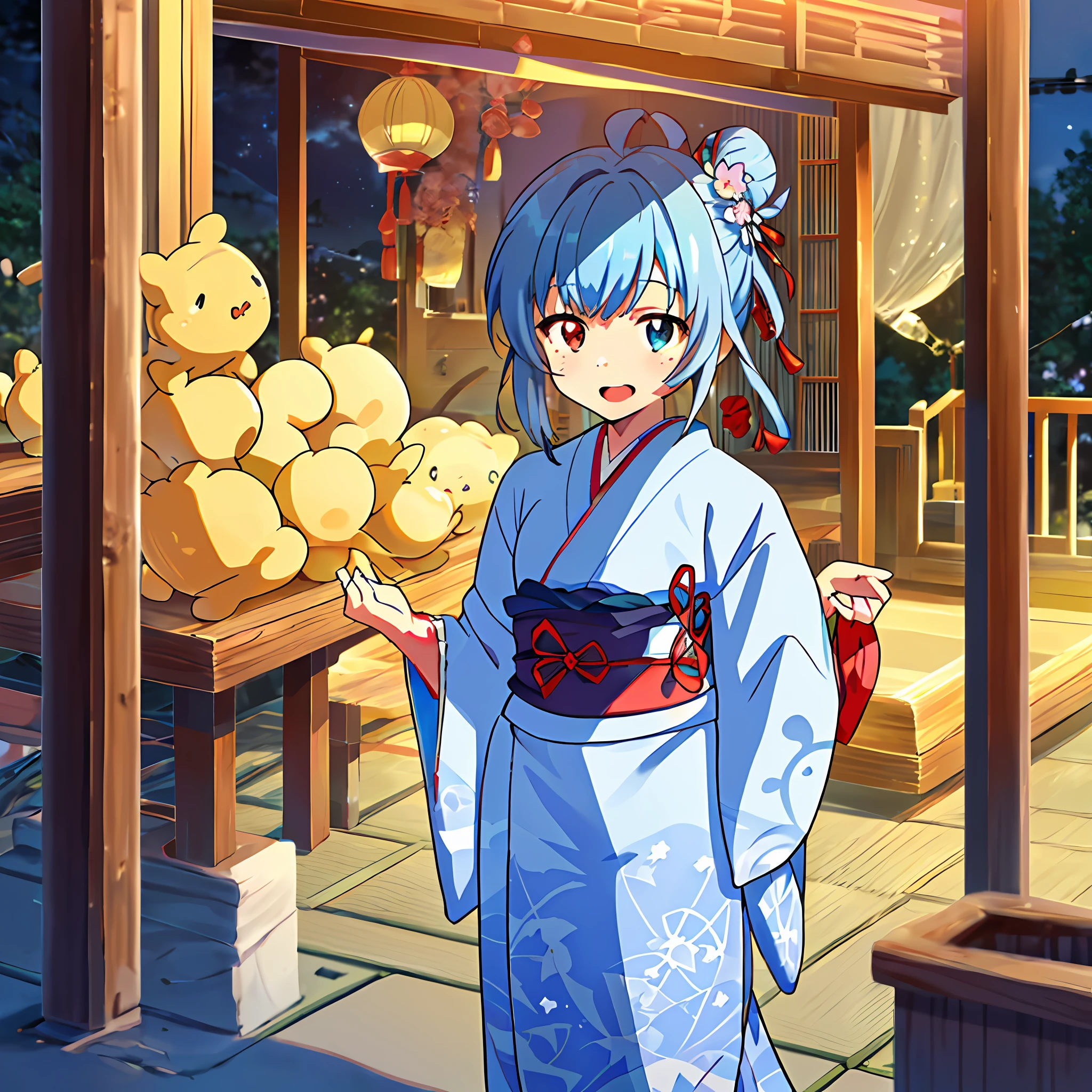 (best quality,ultra-detailed:1.22) , (beauty face), (big eyes),(loli:1.0) (embarrassed and blush),Tilt head ,(old white transparent school swimsuit), barefoot , panty shot ,and legs)), fog,closed eyes, "Kyoto Animation" style anime illustration, highest quality, (cute: 1.1), (cute), (high resolution: 1.2), incredibly ridiculous: 1.3, incredibly fine illustration, cute girl, (heterochromia, light blue eyes and light green eyes), solo, standing figure, happy, :d, masterpiece, top quality, absurdity, High resolution, official art, (cute: 1.8), (((Chibi character: 1.5)), solo, (((light blue hair, bun hair, kanzashi)), thin hair, 1 beautiful girl, (cute: 1.8), caregiver, maid, (((long yukata, illustration of morning glory, indigo color, luxurious obi)), watch viewer, frontal, princess eyes, big breasts, from the front, Japan festival, night shop, cute geta, Deformed character, has a goldfish purs