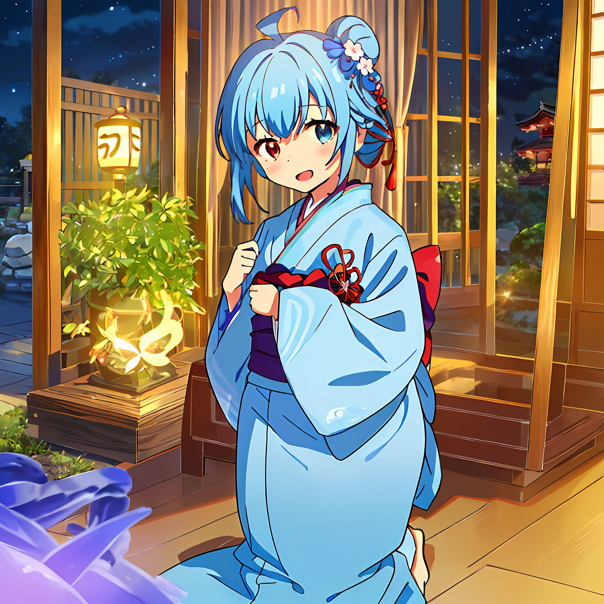 (best quality,ultra-detailed:1.22) , (beauty face), (big eyes),(loli:1.0) (embarrassed and blush),Tilt head ,(old white transparent school swimsuit), barefoot , panty shot ,and legs)), fog,closed eyes, "Kyoto Animation" style anime illustration, highest quality, (cute: 1.1), (cute), (high resolution: 1.2), incredibly ridiculous: 1.3, incredibly fine illustration, cute girl, (heterochromia, light blue eyes and light green eyes), solo, standing figure, happy, :d, masterpiece, top quality, absurdity, High resolution, official art, (cute: 1.8), (((Chibi character: 1.5)), solo, (((light blue hair, bun hair, kanzashi)), thin hair, 1 beautiful girl, (cute: 1.8), caregiver, maid, (((long yukata, illustration of morning glory, indigo color, luxurious obi)), watch viewer, frontal, princess eyes, big breasts, from the front, Japan festival, night shop, cute geta, Deformed character, has a goldfish purs