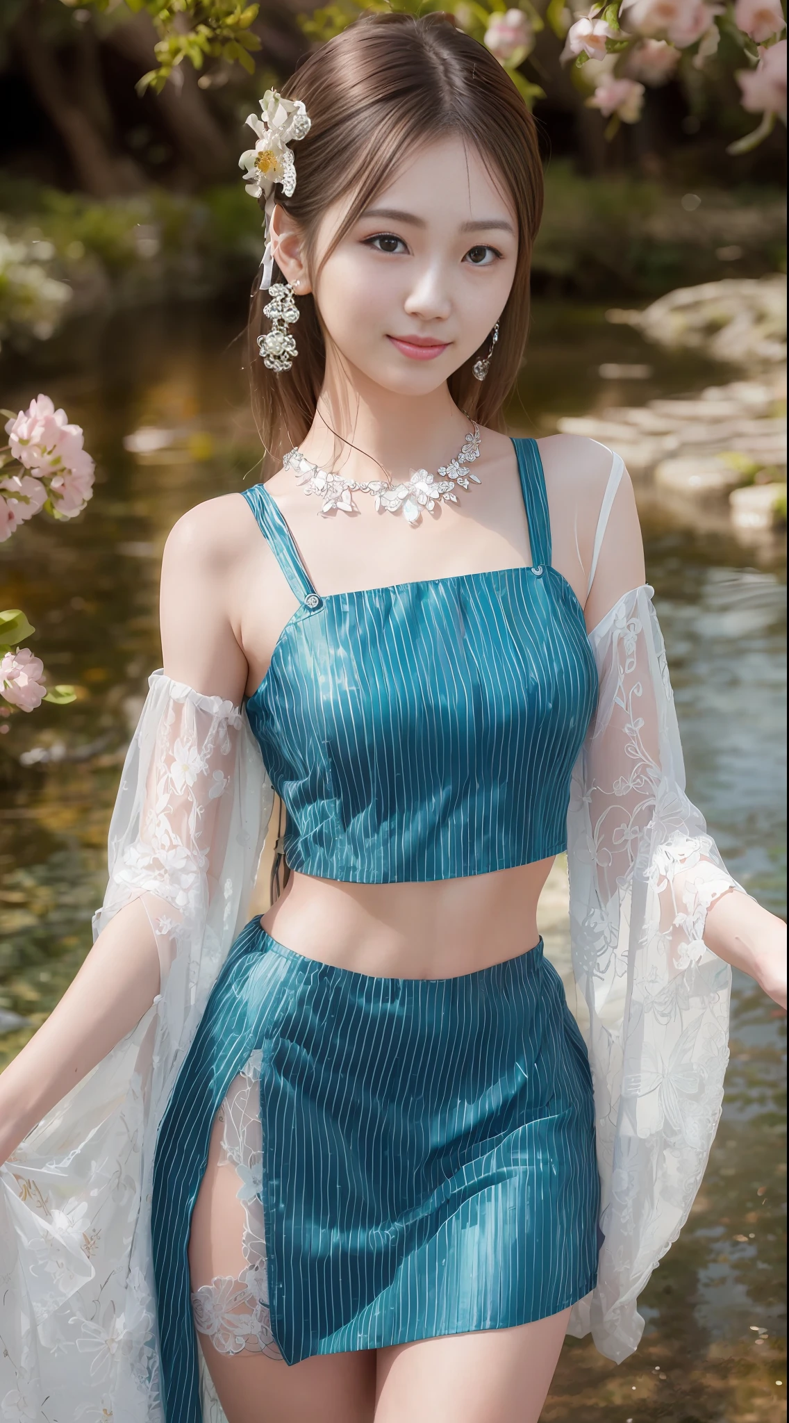 Smiling minchen, mouth closed, balanced eyes, (Best Quality Detail: 1.2), Realistic, 8K HD, Ultra Detailed, High Quality Texture, Complex Detail, Detailed Texture, Fine Detail, High Detail, Very Detailed CG, High Quality Shadow, Delicate Beautiful Delicate Face, (Delicate Beautiful Delicate Eyes: 1.32), Depth of Field, Ray Tracing, (A Beautiful 25 Year Old Cute Japanese Lady: 1), Proud, Tall Feminine, Beautiful Legs, Glow Eyes, Blush, Perfect Petite, Blurred Outdoor Background, Silver Tight Bra,[ Brown skirt]: 1, stockings and suspenders: 1.2, long hair, short pink skirt, cozy living room, sun, hands open, earrings, necklace, model, looking at the audience, standing pose, earrings, necklace, model, looking at the audience, from the side, dynamic pose, front