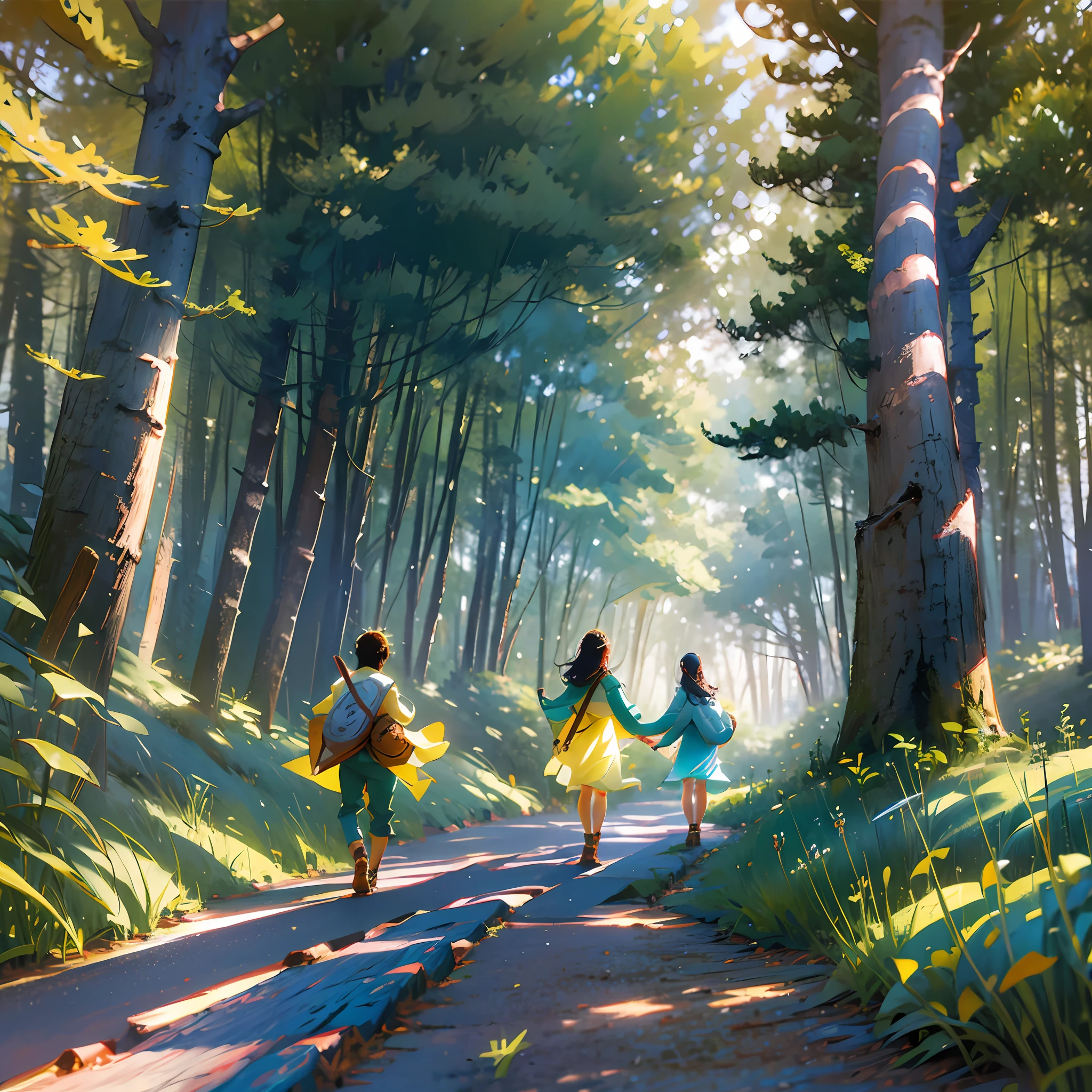 group of students taking an adventure in the Woods, beautiful Sun lighting , Eiichiro Oda --at 3:2 --niji 5 --auto --s2