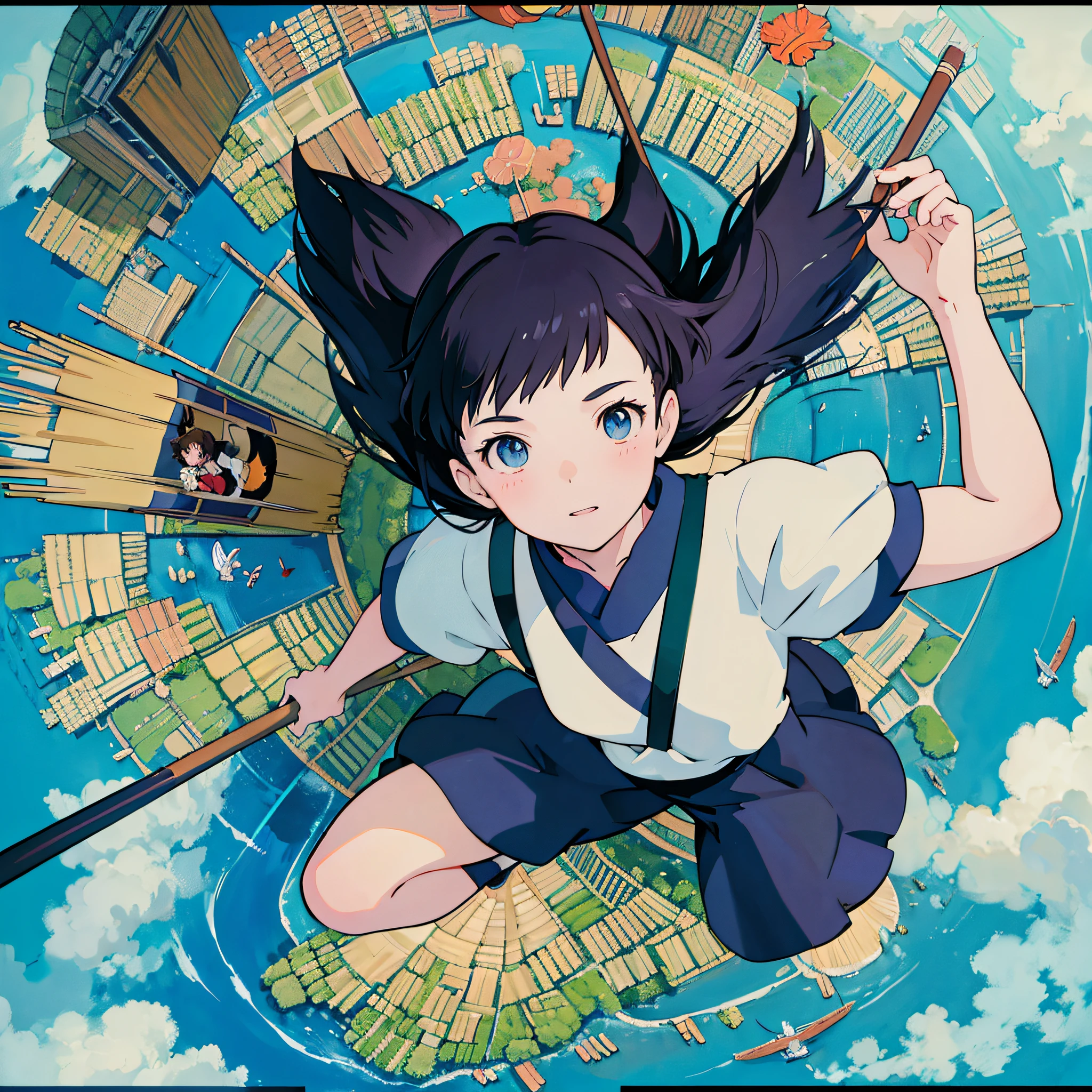 "(Studio Ghibli style)+(The Kiki Delivery Service)+(Kiki:1.3),flying broom, mounted flying through the skies+wide shot. (beautiful details:1.2),(glorious atmosphere:1.2), (lush colors:1.2)+(venice landscape:0.5)+(volumetric light:0.7) light smile