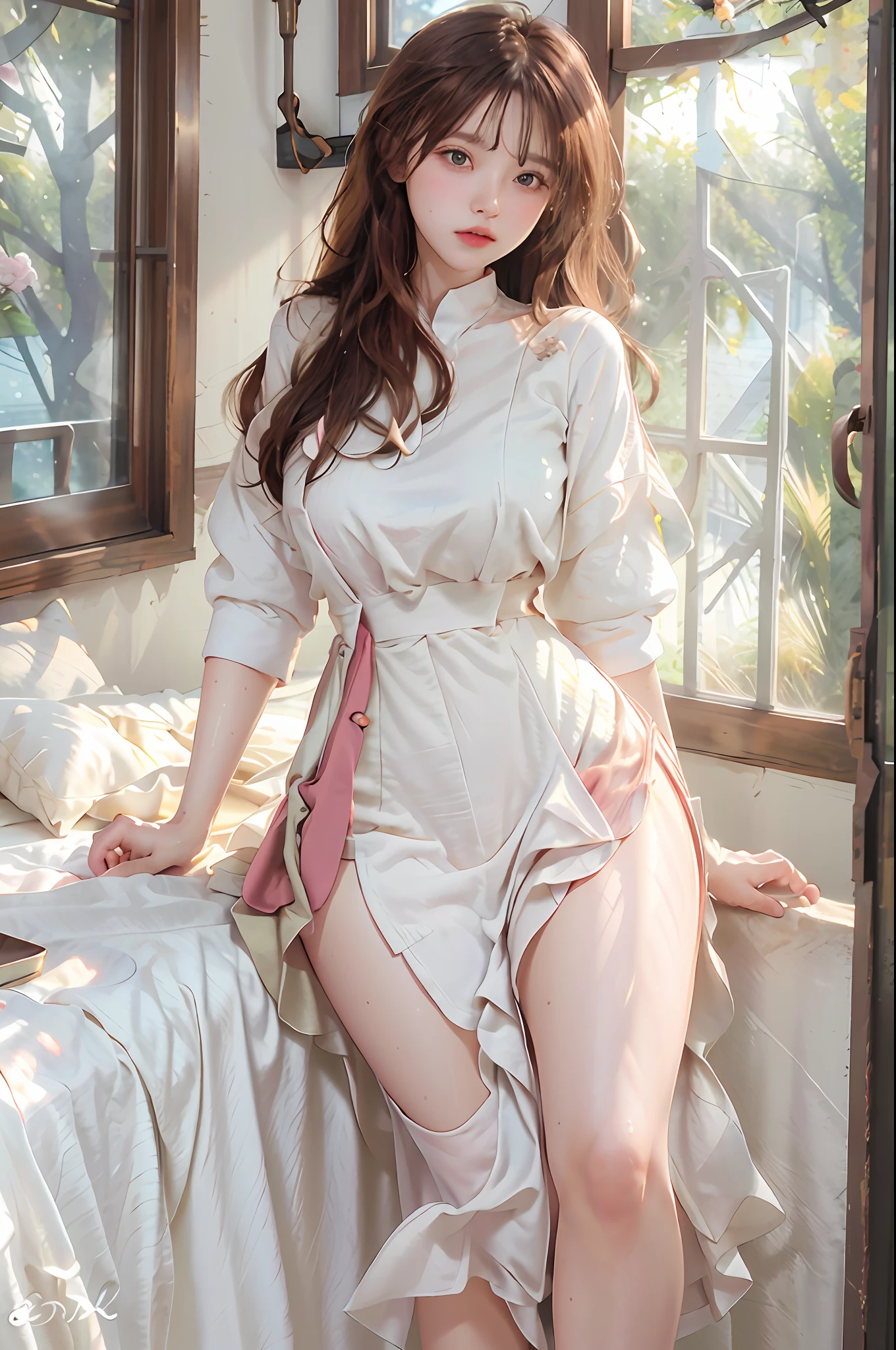 (highest resolution, distinct_image) best quality, woman, masterpiece, highly detailed, semi-realistic, 21 years old, cute, young, beautiful, interior, modern bedroom, window, wake up, morning, blush, thick thighs, wide hips, thin waist, tall, coral, (sweat: 1.2), (wet), sexy, blush, long skirt, wear long skirt, wear long white dress, white long dress, white t-shirt, white shirt