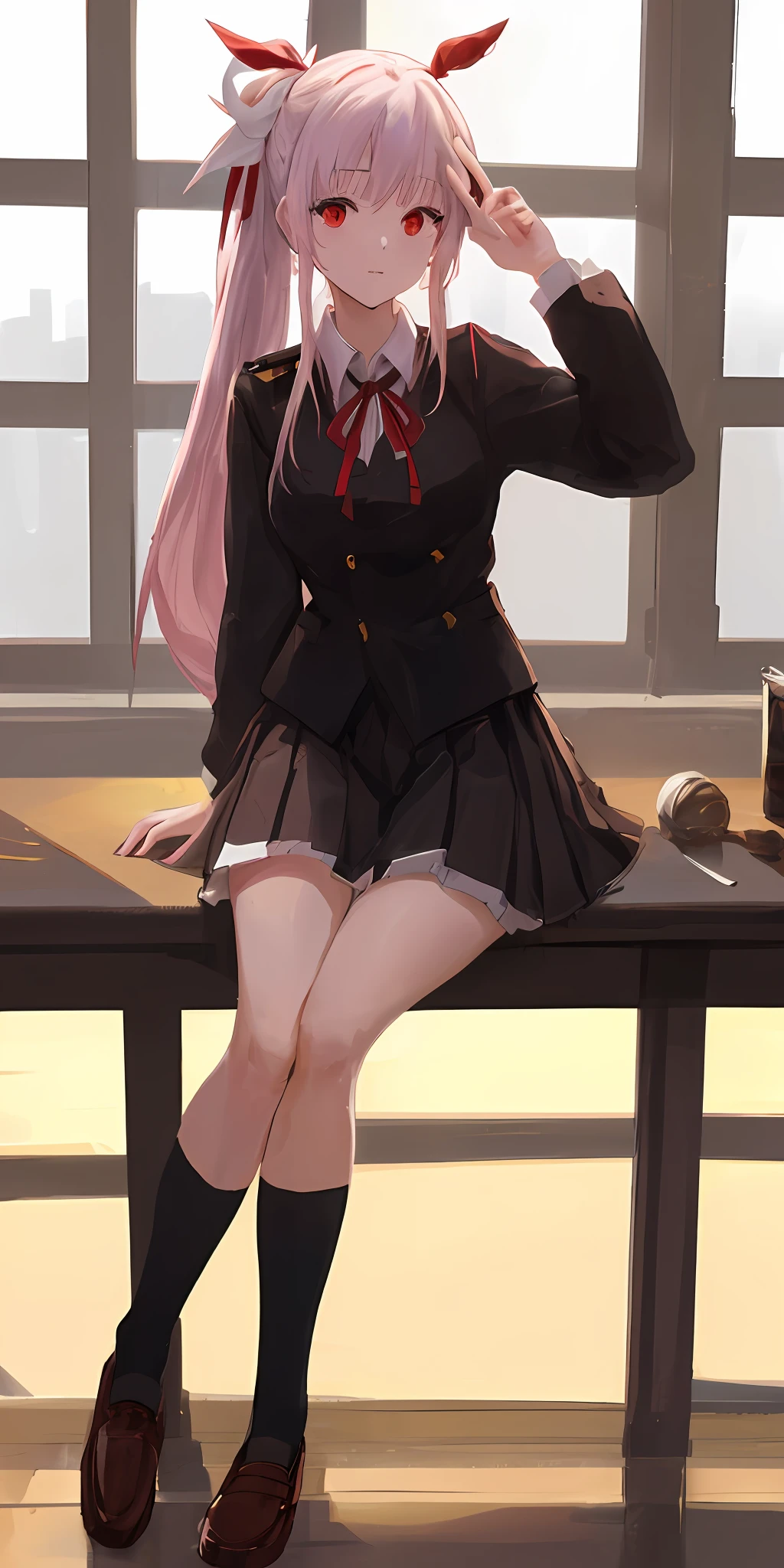 extremely detailed CG, high resolution, best quality, masterpiece, (bishoujo:1.3), Anime girl with full white hair, long ponytail tied with red ribbon, ahoge, red eyes, (> _ :2),laughting,peace sign, medium sized breasts,school uniform, back top uniform with red ribbon and white collar, white skirt with red lining, black shoes with red lining, school classroom, classroom, sit on desk,next to window, sunny, full body image, wearning white thights, face viewer