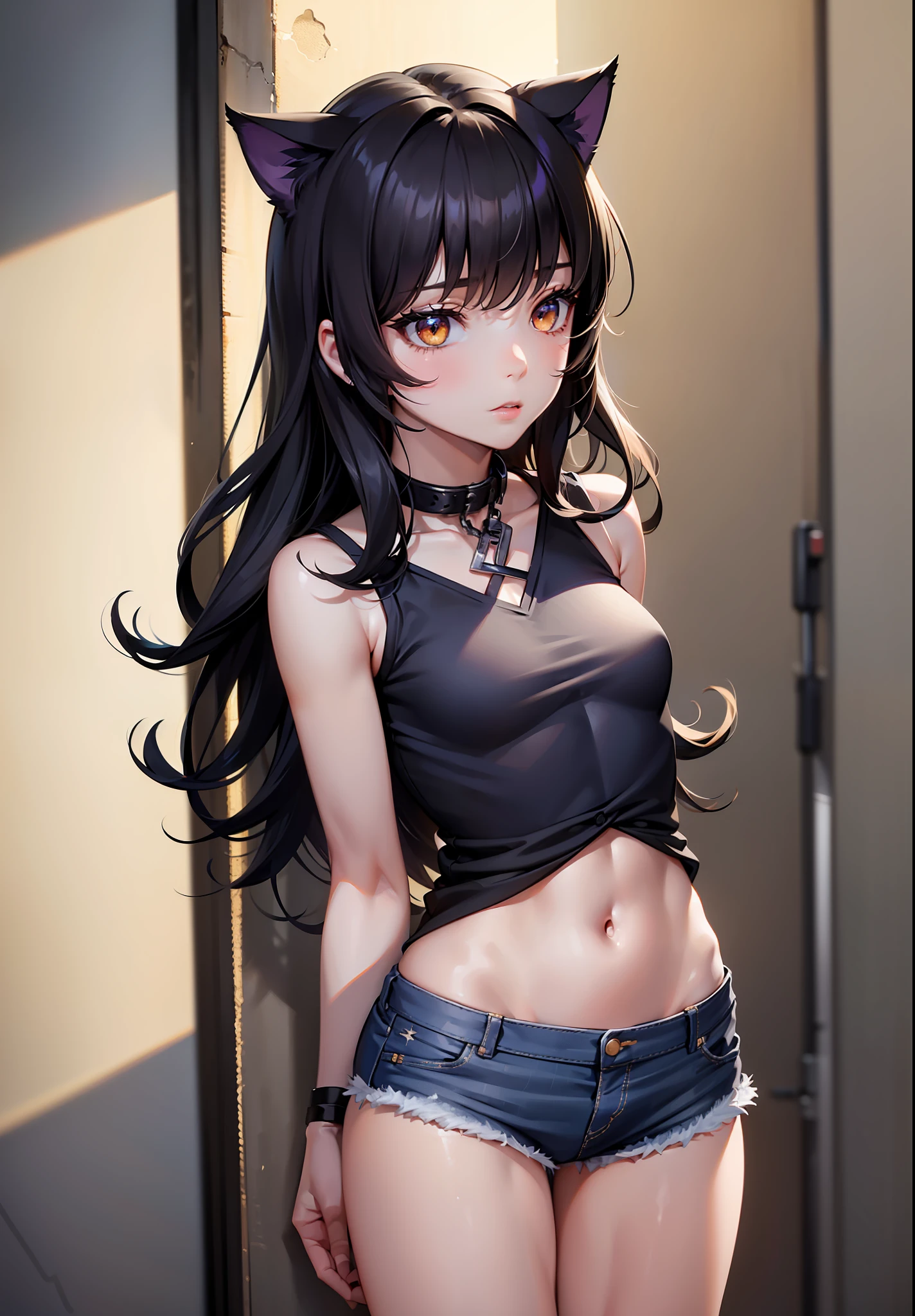 ((medium breasts, tomboy girls, small head)), cat ears, daylight, sunlight, blake belladonna, (chiseled abs: 0.5), (perfect body: 1.1), (short wavy hair: 1.2), black hair, collar, chain, full body shot, crowded street, in black tank top, denim jacket, ((shorts)), (extremely detailed CG 8k wallpaper), (extremely delicate and beautiful), (masterpiece), (best quality: 1.0), (ultra-high resolution: 1.0), beautiful lighting,  Perfect lighting, realistic shadows, [high resolution], detailed skin, super detailed