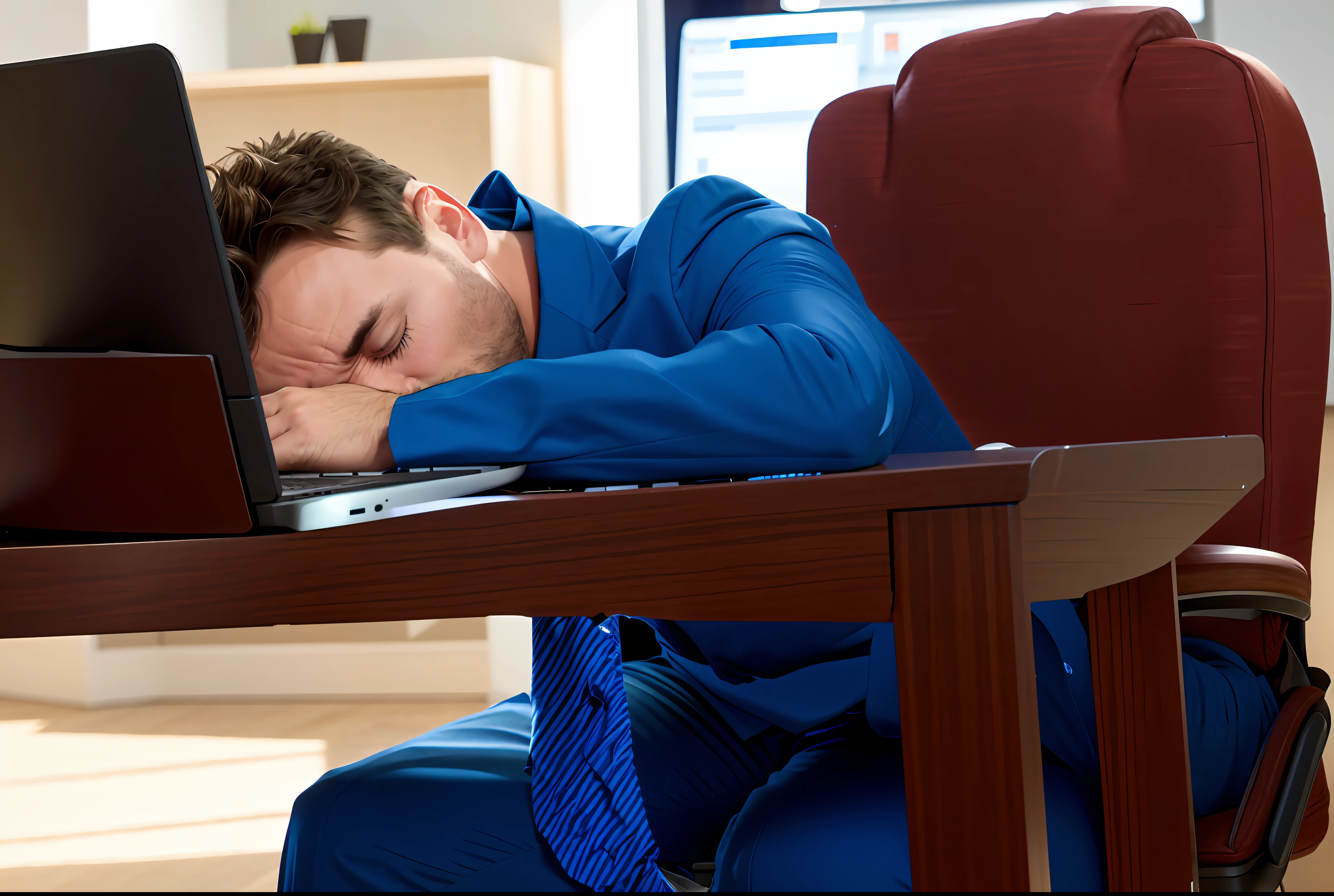 arafed man sleeping on a chair in front of a laptop computer, worn out, sleepy, tired half closed, sleepy expression, looking exhausted, asleep, looking tired, resting on a tough day, fatigue, wearing a worn out suit, sleep deprived, sleeping, istock, movie still of a tired, sleep, motivational, resting