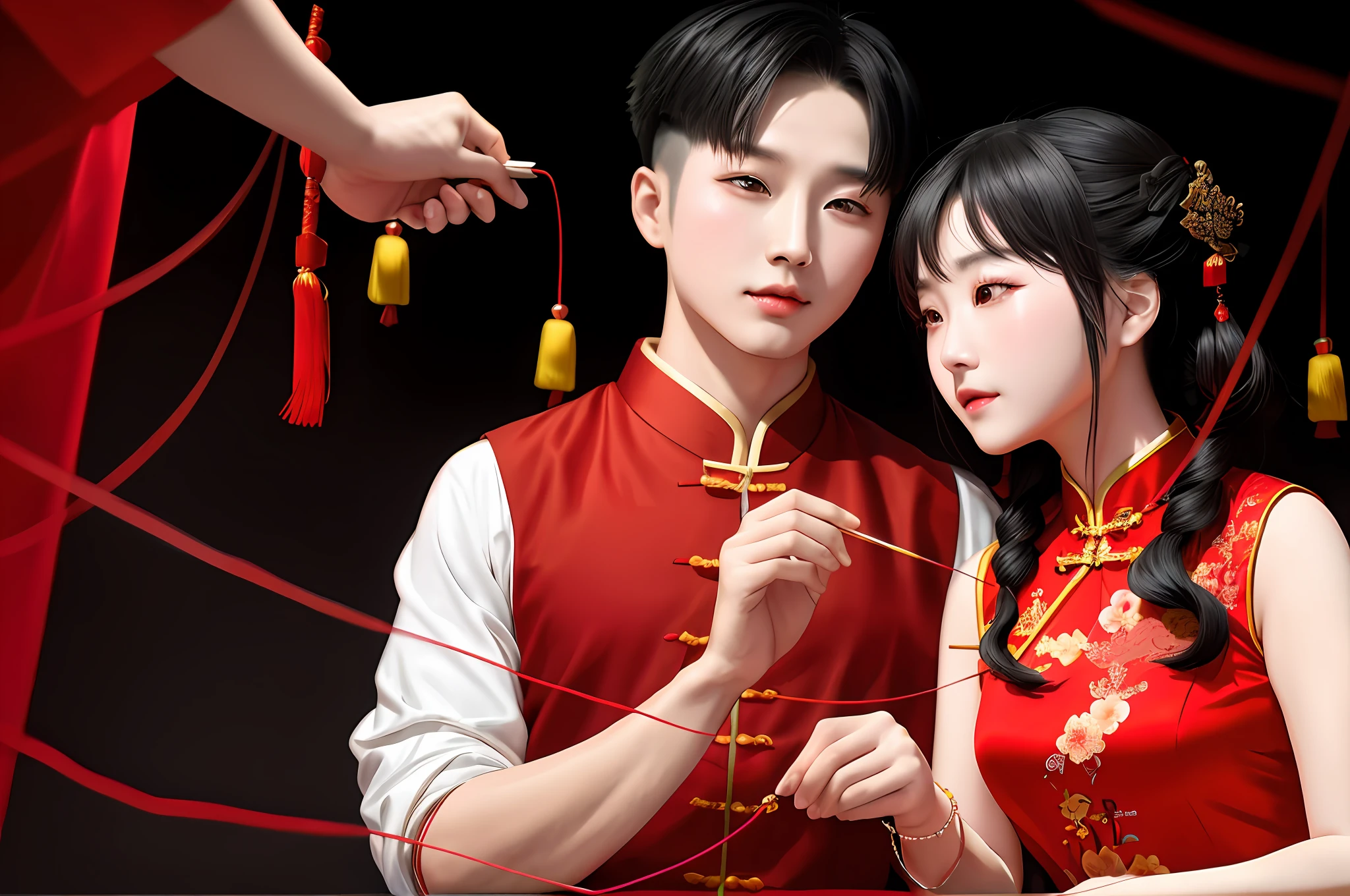 there are two asian people that are holding chopsticks together, cai xukun, trending on cgstation, yanjun chengt, traditional chinese clothing, chinese style, inspired by Huang Gongwang, with acient chinese clothes, ruan jia and fenghua zhong, wearing a red cheongsam, inspired by Wen Zhenheng