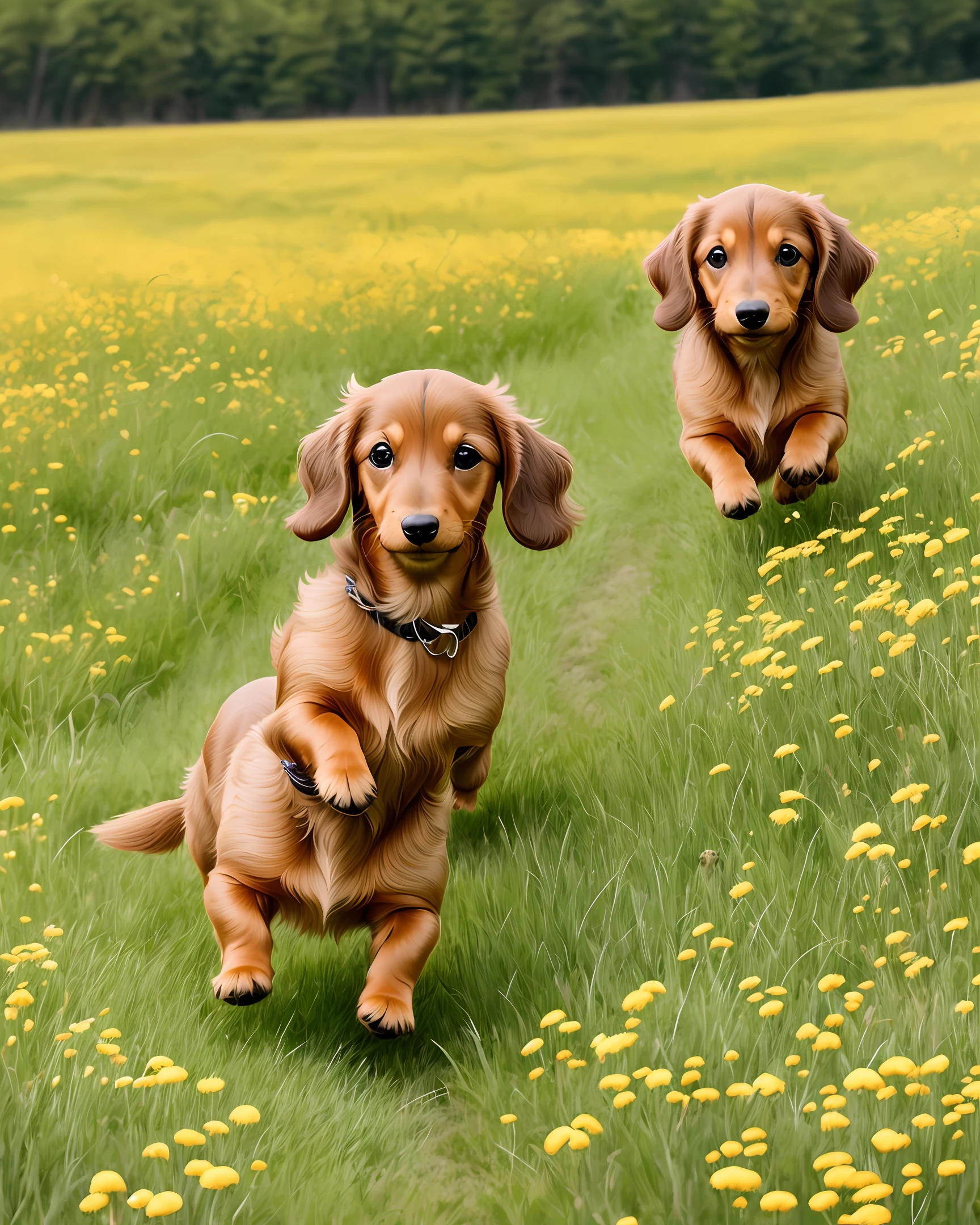 One gold-furred happy miniature dachshund running in a meadow
Hand drawn illustration
Fluffy coat
Ear hair is long