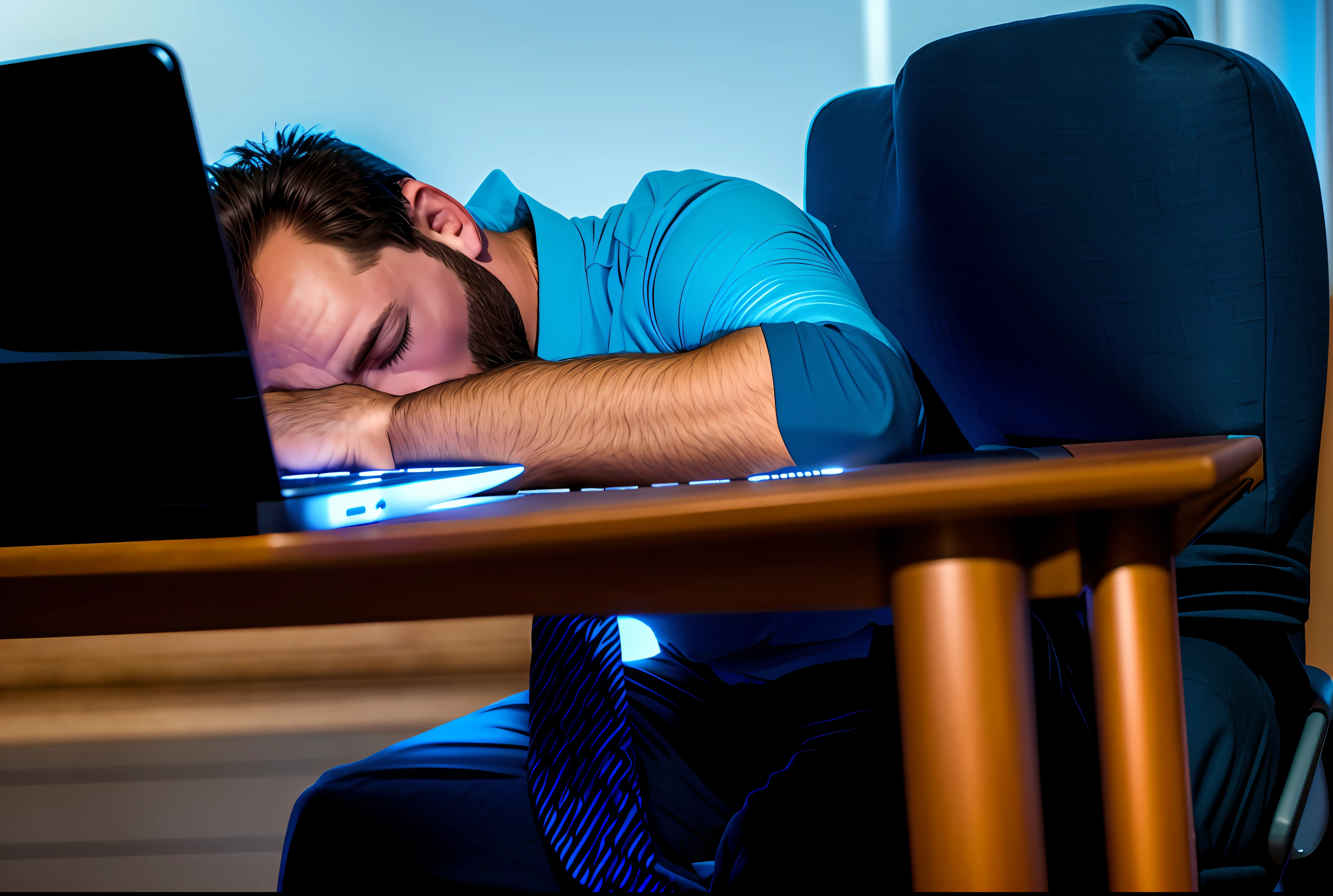 arafed man sleeping on a chair in front of a laptop computer, worn out, sleepy, tired half closed, sleepy expression, looking exhausted, asleep, looking tired, resting on a tough day, fatigue, wearing a worn out suit, sleep deprived, sleeping, istock, movie still of a tired, sleep, motivational, resting