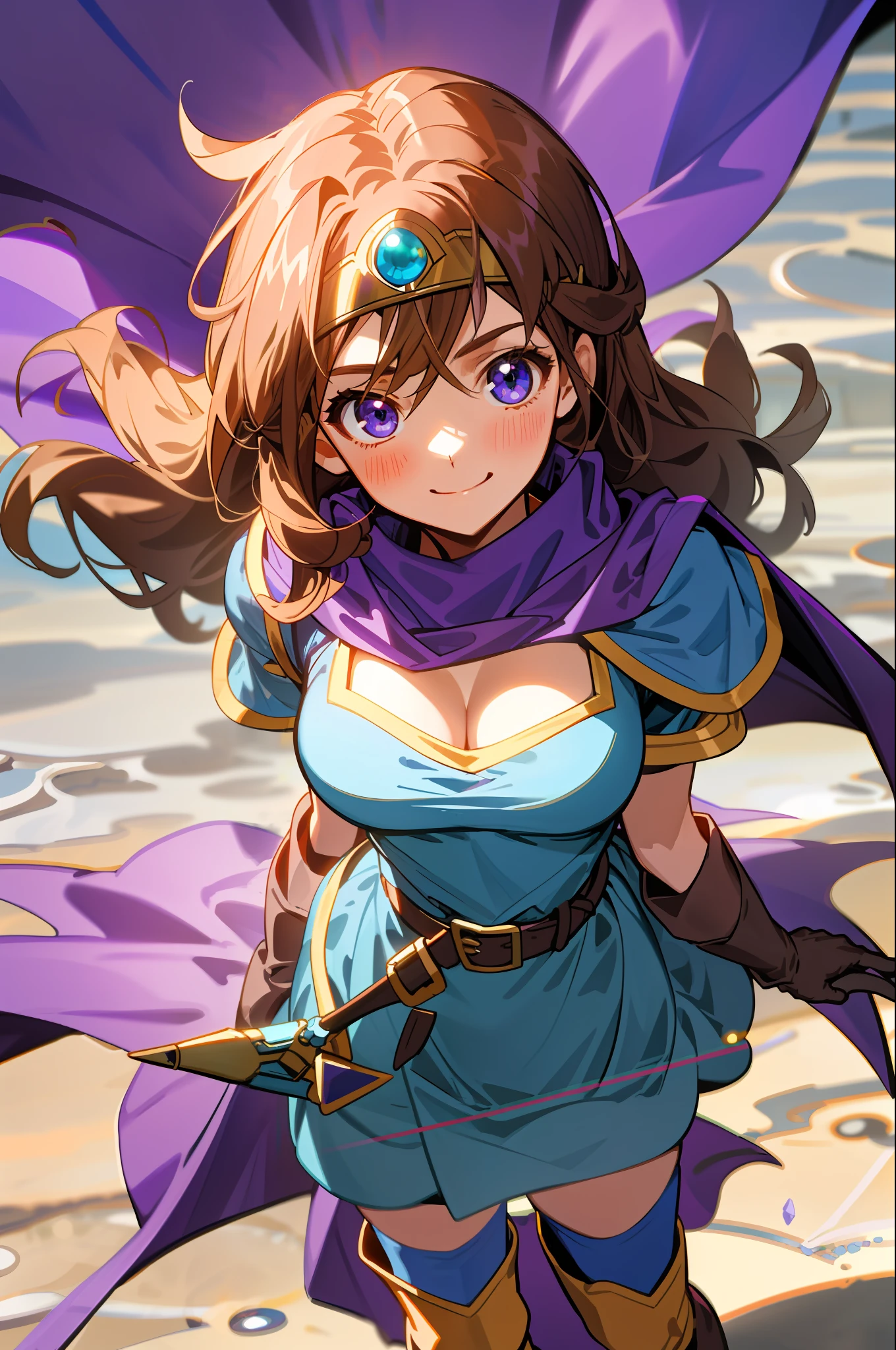 masterpiece, look at viewer, 1girl, standing, solo, face focus, from above, cowboy shot,
Hermione Granger, long hair,
roto (dq3),circlet, medium breasts, cleavage, strapless, blue dress, purple cape, thighhighs, gloves, boots, belt, scabbard,, knee boots,
school,embarrassed, smile,