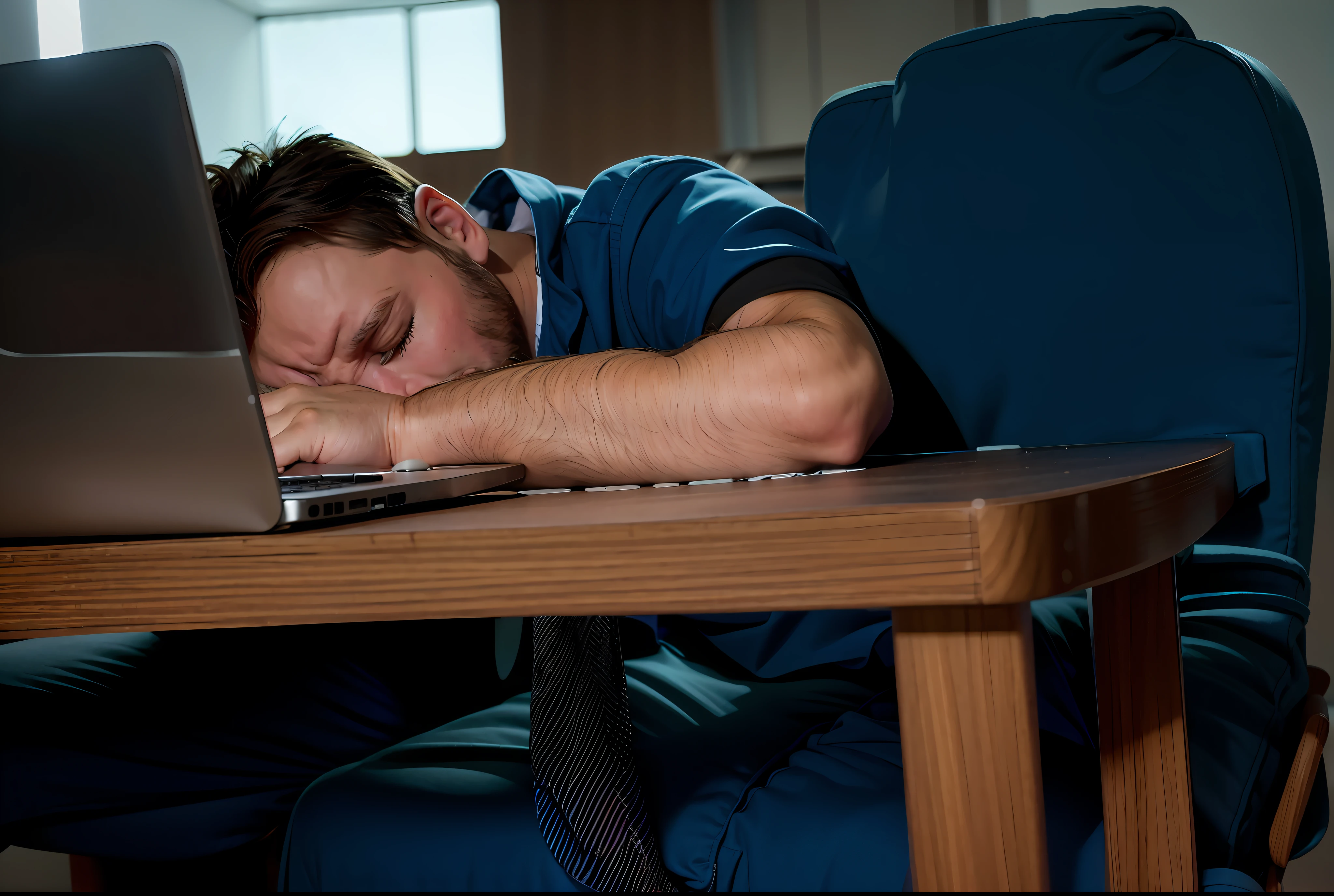 arafed man sleeping on a chair in front of a laptop computer, worn out, sleepy, tired half closed, sleepy expression, looking exhausted, asleep, looking tired, resting on a tough day, fatigue, wearing a worn out suit, sleep deprived, sleeping, istock, movie still of a tired, sleep, motivational, resting