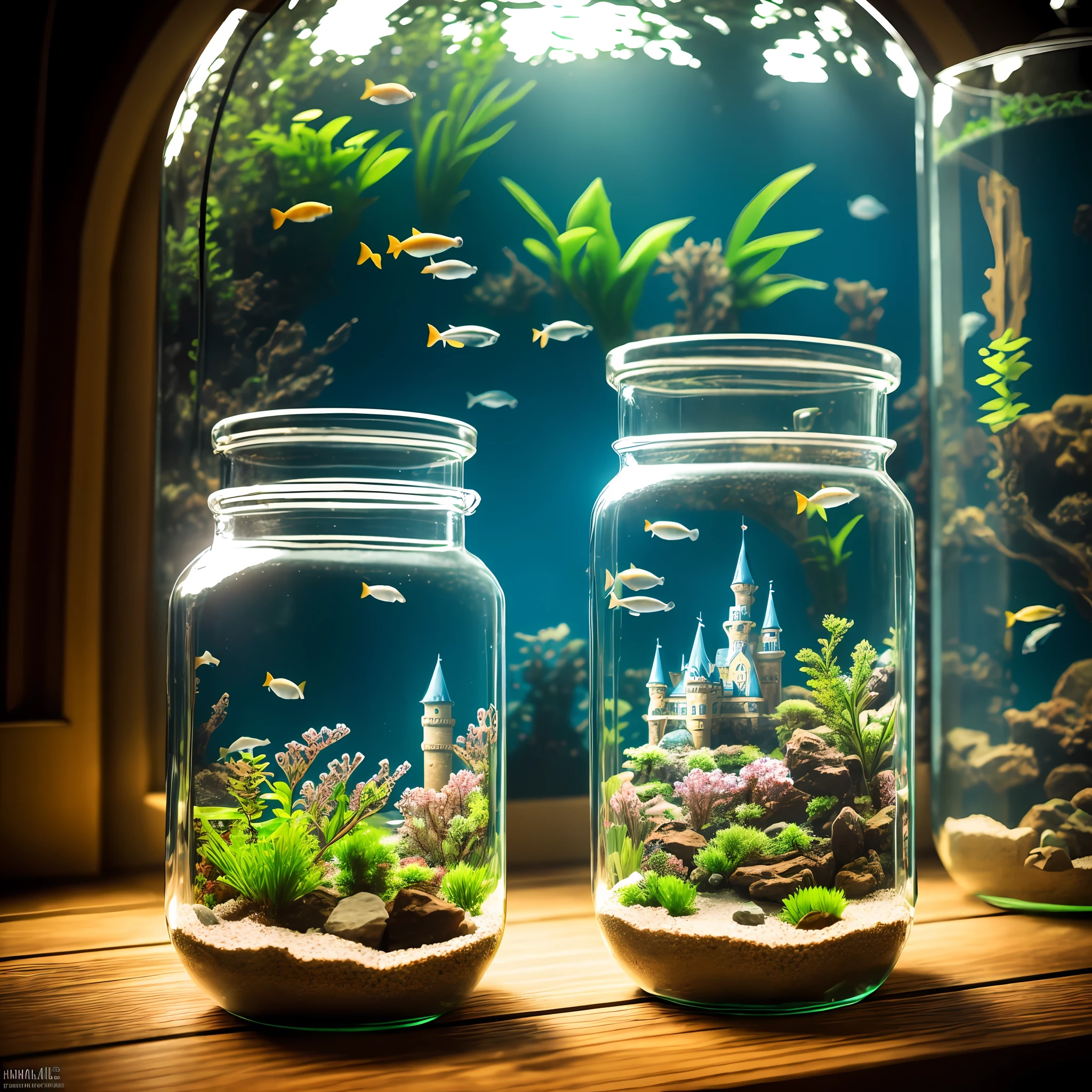 aquarium inside glass jar, fairytale castle, cinematic, hyperdetailed, photography --chaos 10 --ar 2:4 --style raw --auto --s2