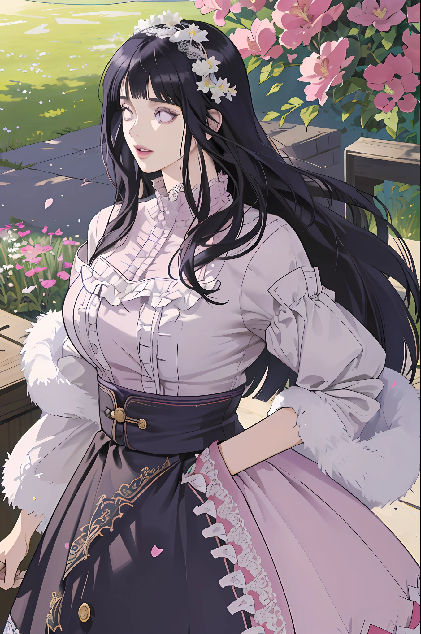 (absurdres, highres, ultra detailed), masterpiece, hinata\(boruto\), solo, 1girl, big breasts, fur dress, soft smile, (((long hair))),standing, the bodice and the skirt pattern, frill skirt, lace, blink blink effect, (((detailed lips))), cowboy shoot, garden, flowers, purple eyes