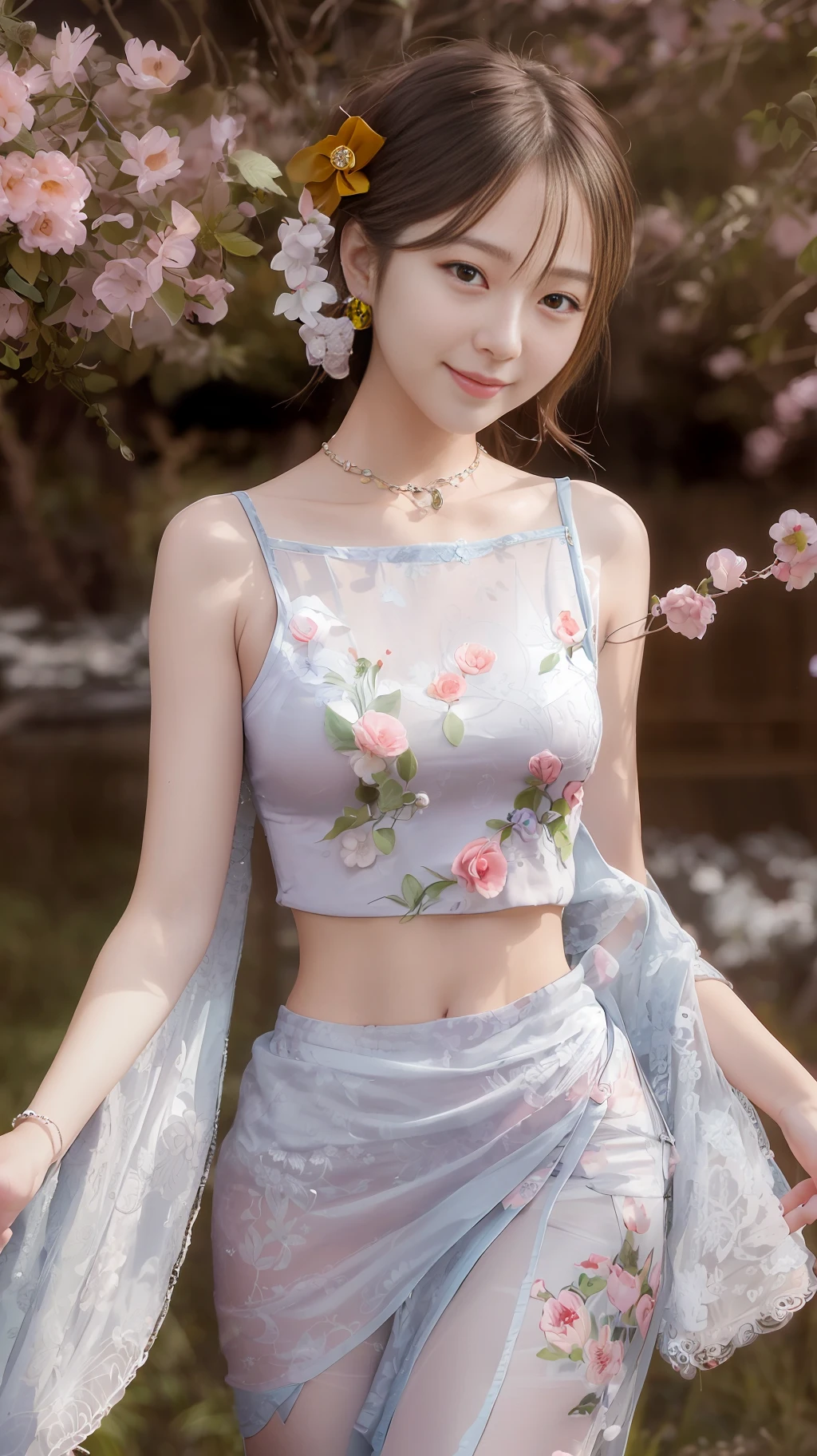 Smiling minchen, mouth closed, balanced eyes, (Best Quality Detail: 1.2), Realistic, 8K HD, Ultra Detailed, High Quality Texture, Complex Detail, Detailed Texture, Fine Detail, High Detail, Very Detailed CG, High Quality Shadow, Delicate Beautiful Delicate Face, (Delicate Beautiful Delicate Eyes: 1.32), Depth of Field, Ray Tracing, (A Beautiful 25 Year Old Cute Japanese Lady: 1), Proud, Tall Feminine, Beautiful Legs, Glow Eyes, Blush, Perfect Petite, Blurred Outdoor Background, Silver Tight Bra,[ Brown skirt]: 1, stockings and suspenders: 1.2, long hair, short pink skirt, cozy living room, sun, hands open, earrings, necklace, model, looking at the audience, standing pose, earrings, necklace, model, looking at the audience, from the side, dynamic pose, front