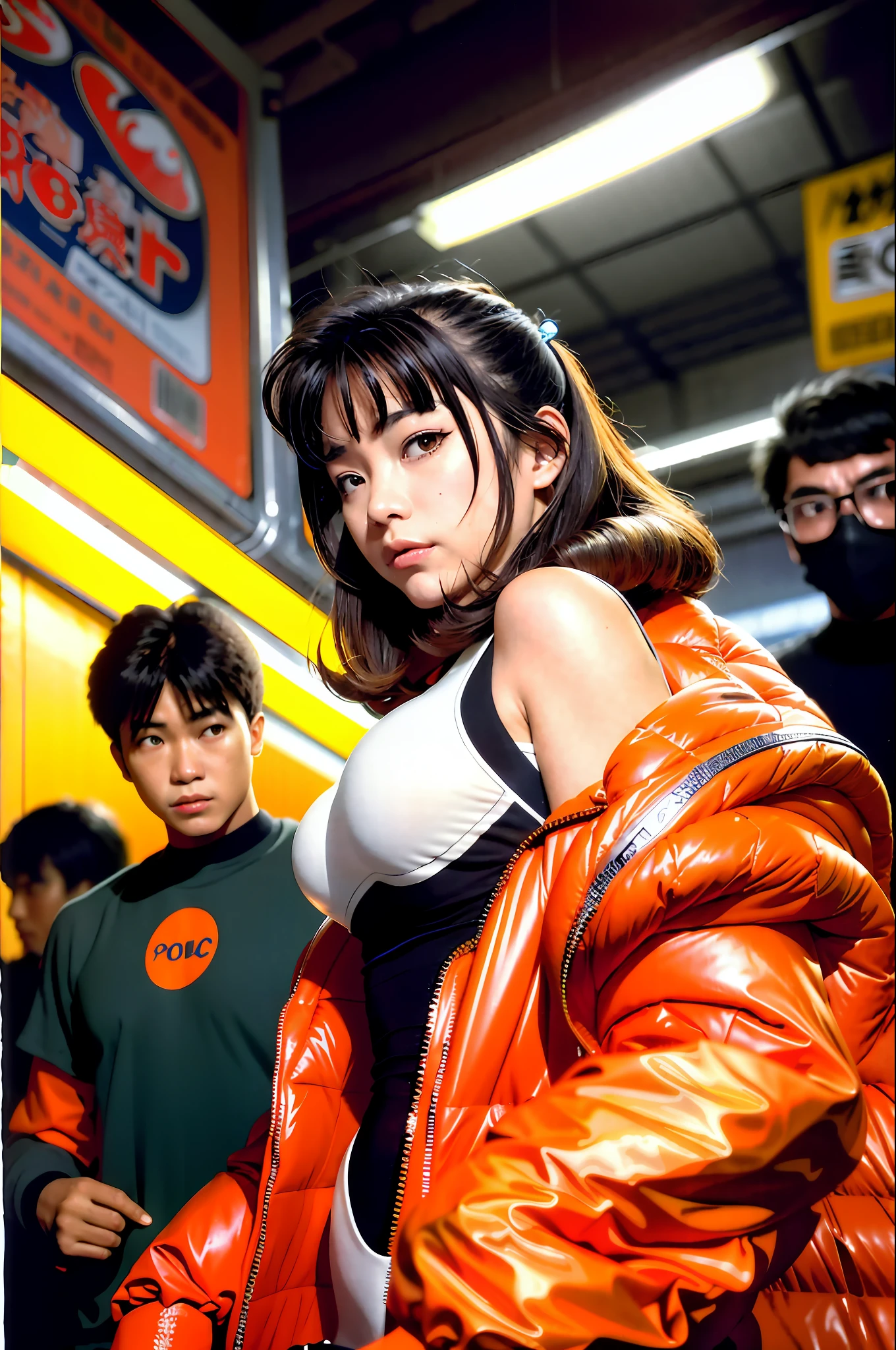 Vintage 90's anime style environmental wide shot of a chaotic crowded underground market at night; a woman wearing an orange jacket tries to hide her face from the police; by Hajime Sorayama, Greg Tocchini, Virgil Finlay, sci-fi. line art. Environmental art.