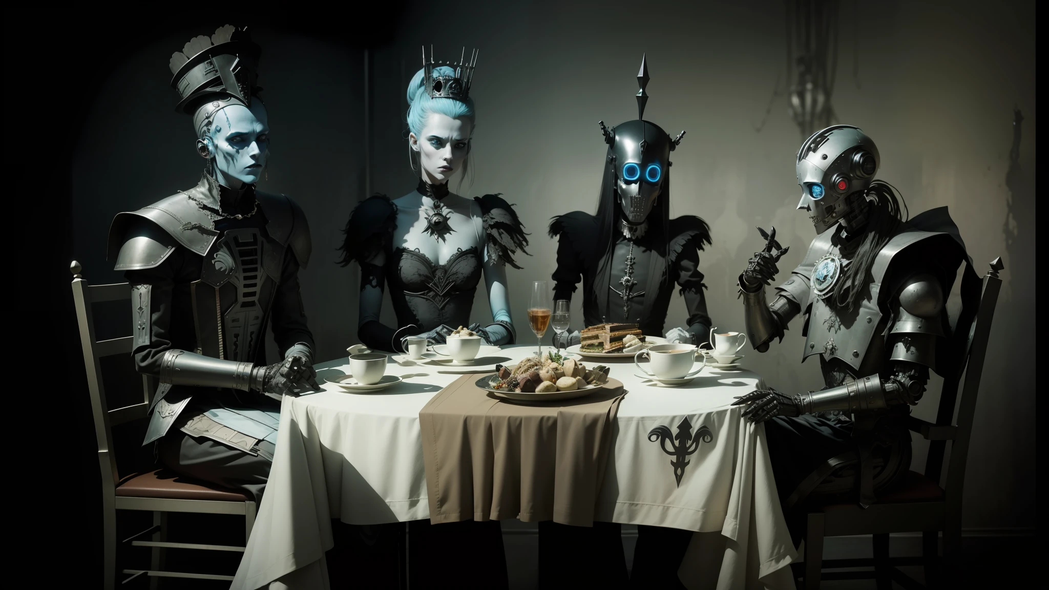 three people dressed in costumes sit at a table with plates of food, surreal dark art, the robot wearing the bone crown, in style of tim walker, heavy metal band promo, fractal automaton, patrick demarchelier, still image from the movie, pale blue faces, tea, [ metal ], apocalypse wedding --auto --s2