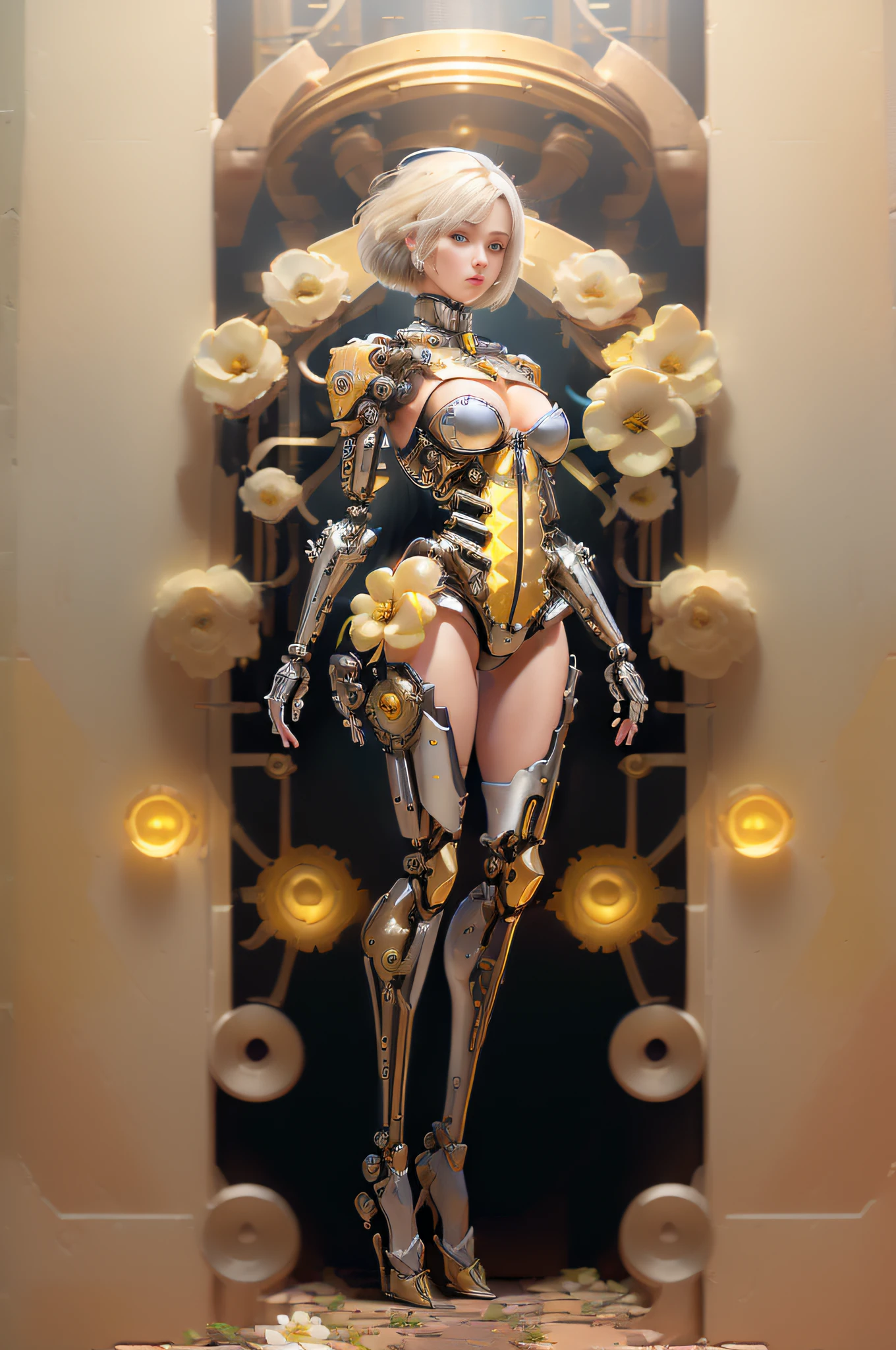 (mechanical parts:1.5), pretty 1girl, absurdres, 8k uhd, platinum blonde hair, bob cut, medium breasts, yellow ear, yellow glowing chest, garden background, flowers, magnolias, apple tree, (masterpiece:1.3), (best quality:1.1), (intricate detail:1.1), (full body:1.5), (wide angle view:1.5), background machinery