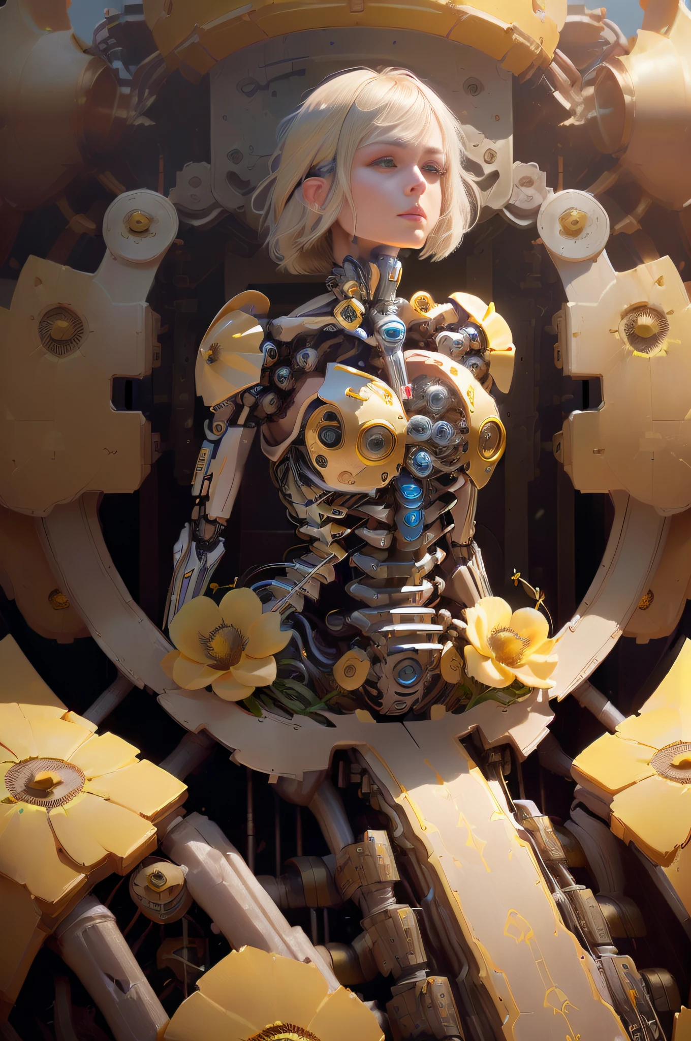 (mechanical parts:1.5), pretty 1girl, absurdres, 8k uhd, platinum blonde hair, bob cut, medium breasts, yellow ear, yellow glowing chest, garden background, flowers, magnolias, apple tree, (masterpiece:1.3), (best quality:1.1), (intricate detail:1.1), (top down:1.5), (close up:1.5), background machinery