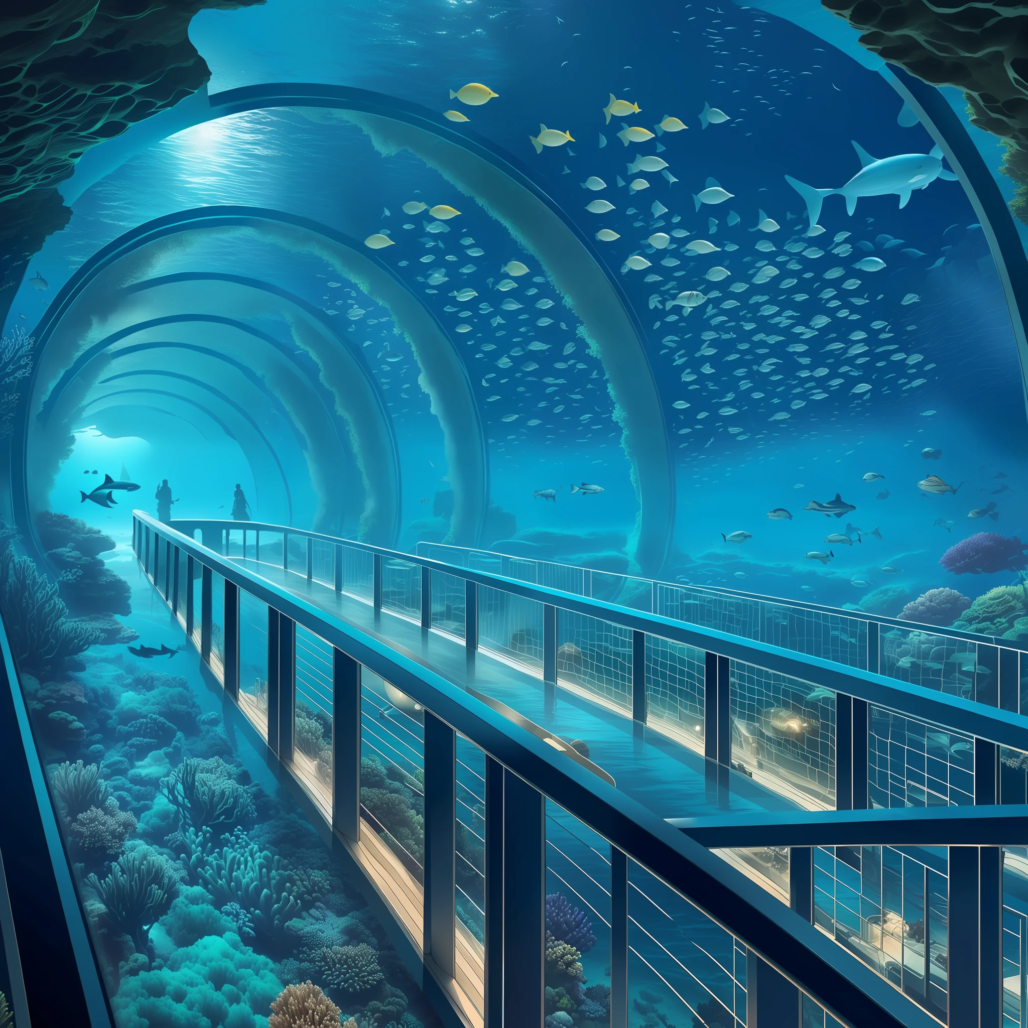 In an undersea city in the distant future, humans and marine life coexist. The underwater dome glows fantastically, and people admire the beauty of the seabed as they pass through the transparent tunnel.