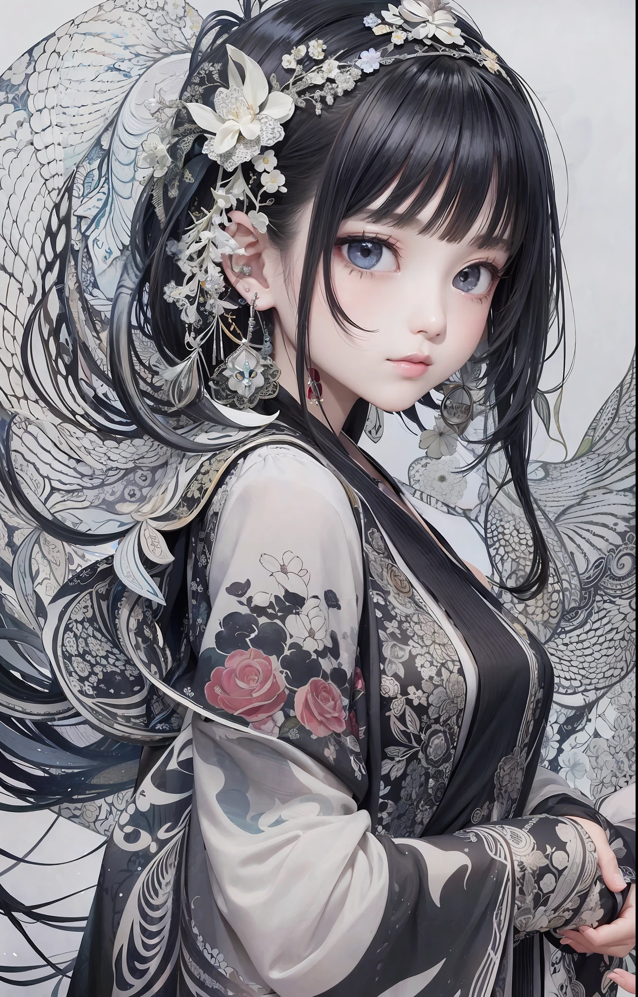 stechu,(white background:1.4), ((tachi-e)), original,(illustration:1.1),(best quality),(masterpiece:1.1),(extremely detailed CG unity 8k wallpaper:1.1), (colorful:0.9),(panorama shot:1.4),(solo:1.2), (ink splashing),(color splashing),((watercolor)), clear sharp focus,{ 1girl standing },((korean style )),flower background,outdoors,rocks, looking at viewer, make happy expressions,soft smile,pure,beautyfull detailed face and eyes,beautyfull intricacy clothing decorative pattern details, black hair,black eyes,colorwater