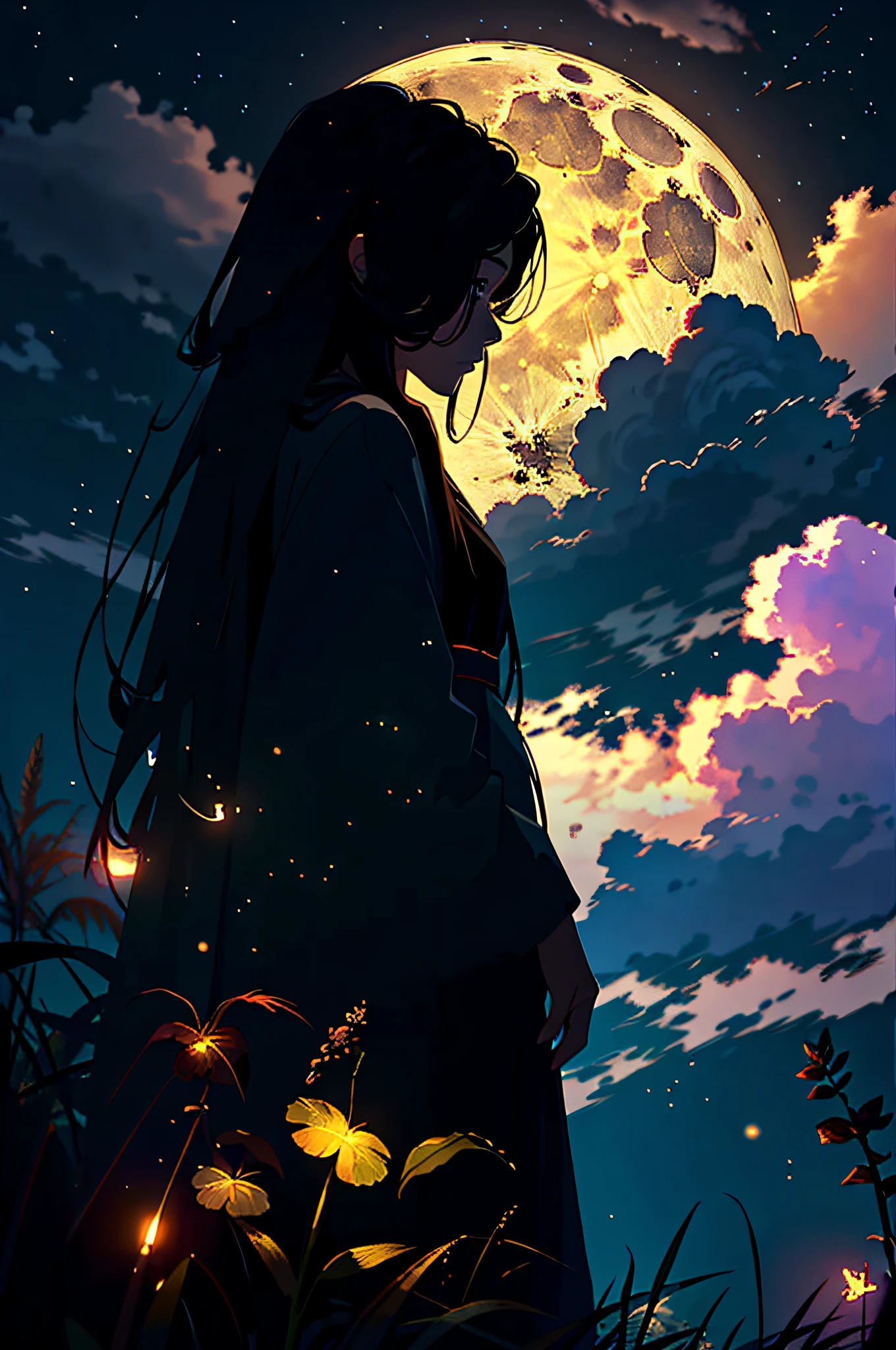 Masterpiece, best quality, night, hills, clouds, full moon, long hair, woman, silhouette, firefly.