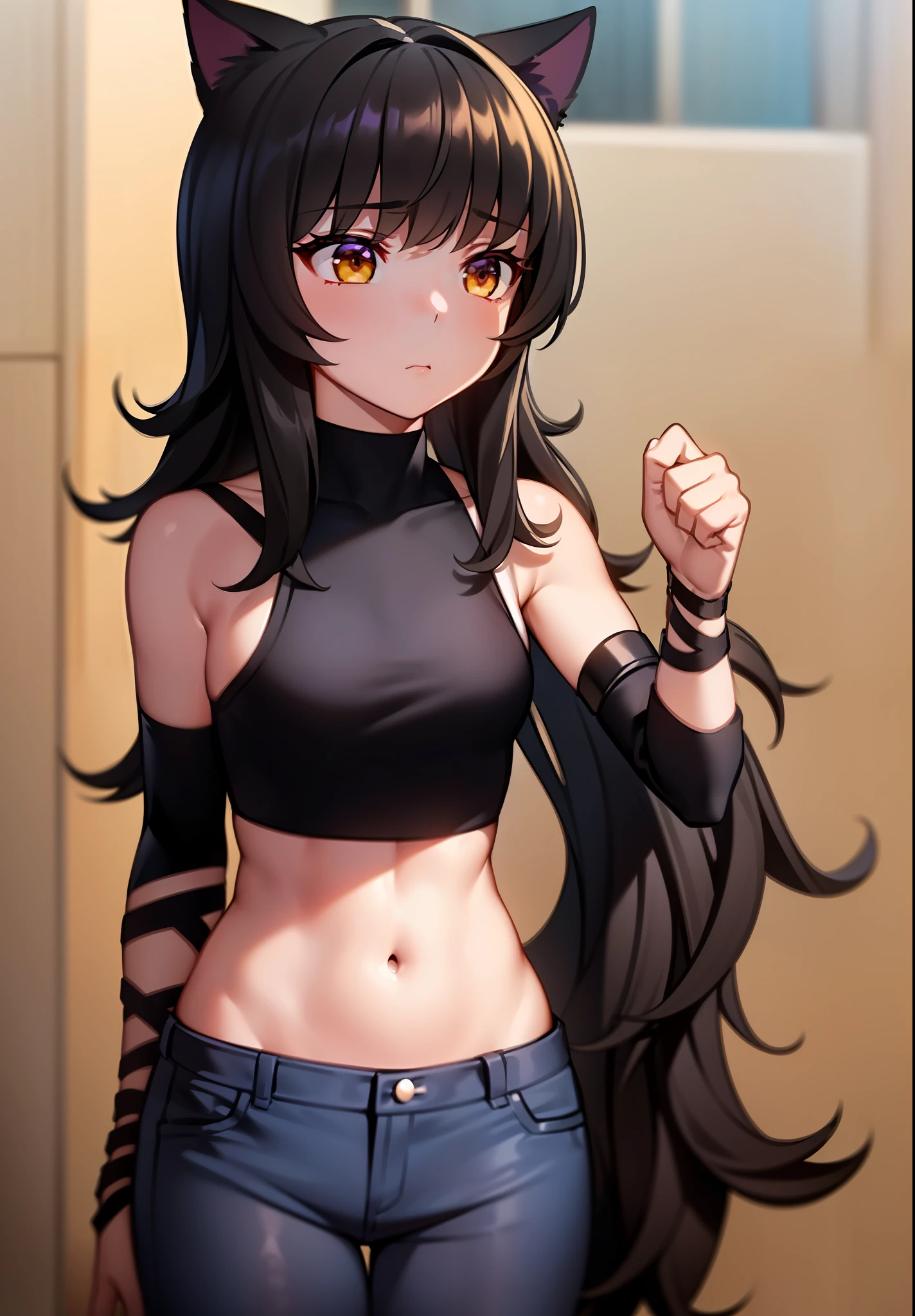((medium breasts, tomboy girls, small head)), cat ears, daylight, sunlight, blake belladonna, (chiseled abs: 0.5), (perfect body: 1.1), (short wavy hair: 1.2), black hair, collar, chain, full body shot, wide hips, ass, crowded street, in black tank top, denim jacket, ((shorts)), (extremely detailed CG 8k wallpaper), (extremely delicate and beautiful), (masterpiece), (best quality: 1.0), (ultra-high resolution:  1.0), beautiful lighting, perfect lighting, realistic shadows, [high resolution], detailed skin, super detailed