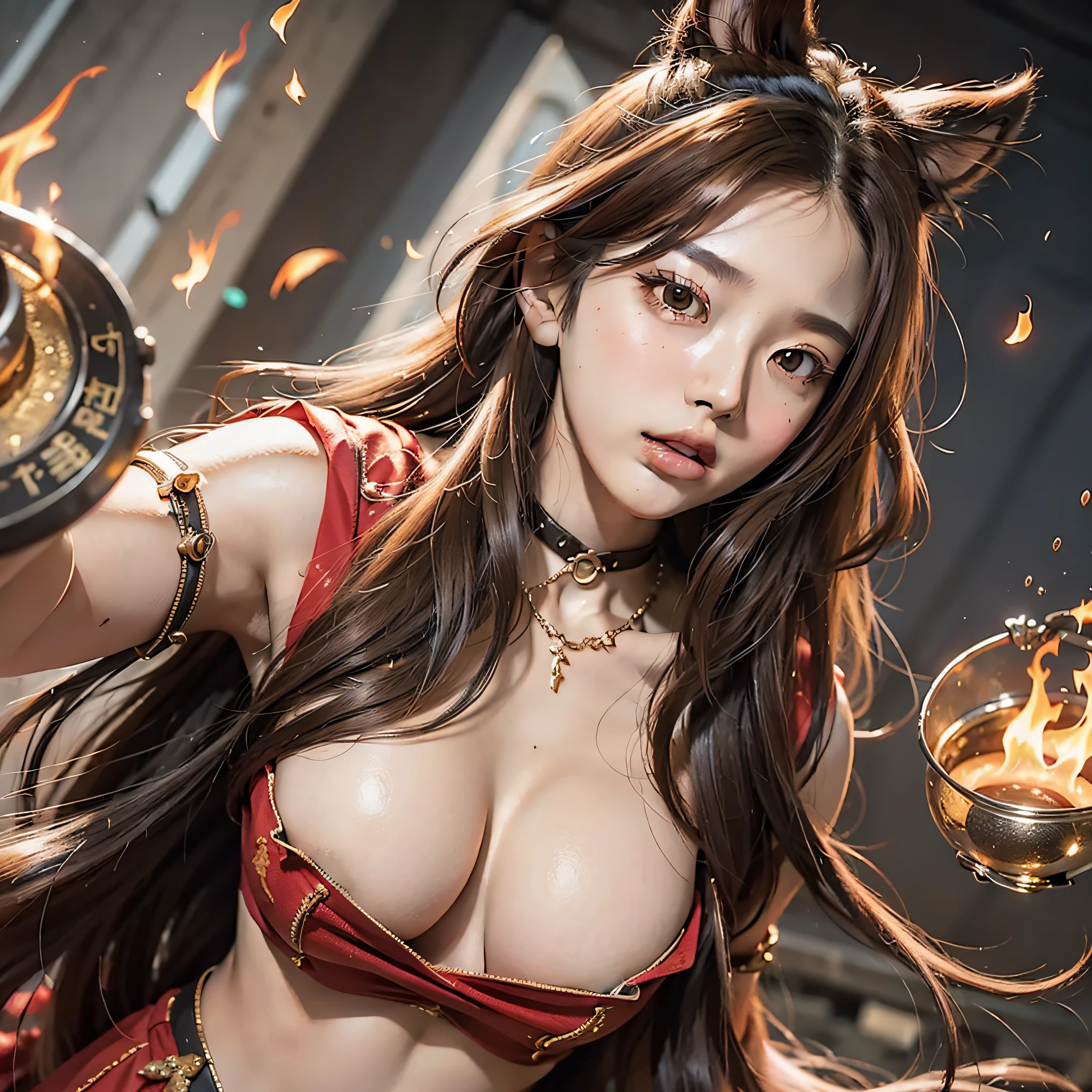 Flame warrior. Korean Idol Korean beauty Top with emphasized Big titender Glossy all over body Long hair Hair color brown hair Open mouth wide open