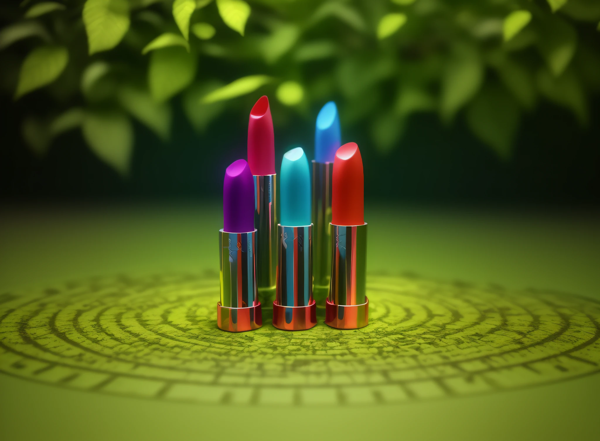 3D lipstick display illustration, highlighting the lipstick theme, with an outdoor garden as the background, surrounded by natural elements such as leaves, branches, vines, butterflies and so on. Warm tones and flowers enhance the jungle theme. Express the delicate details of leaves and leaves, add particle effects. The rendering uses isometric projection and Octane rendering, and the lighting and color effects are more realistic and detailed.