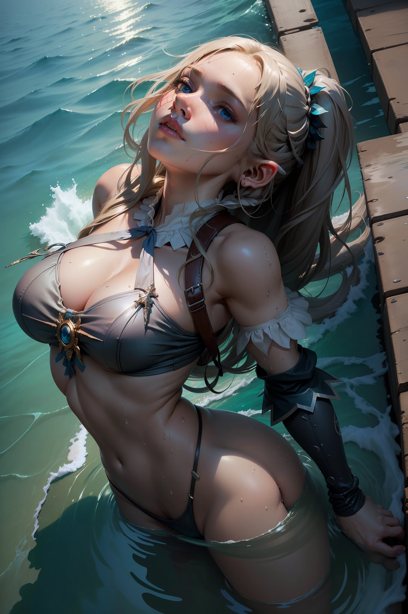masterpiece, realistic, realism, photorealism, high contrast, in full light, photorealistic digital art trending on Artstation 8k HD high definition detailed realistic, 1girl, (solo:1.5), (full figure:1.1), young beautiful woman, petite, very small perky breasts, ((blue eyes)), blonde knee long hair, tight white dress, white knee high socks, (no head gear:1.5), ((princess zelda)), parted lips, art by artgerm and ruan jia and greg rutkowski painting, detailed, skin texture, hyper-detailed, realistic skin texture, side view, in a caribbean sea, shoreline, (emerging from the water:1.5), crystal water, beach, palms, clear water, head down, flustered, drenched clothes